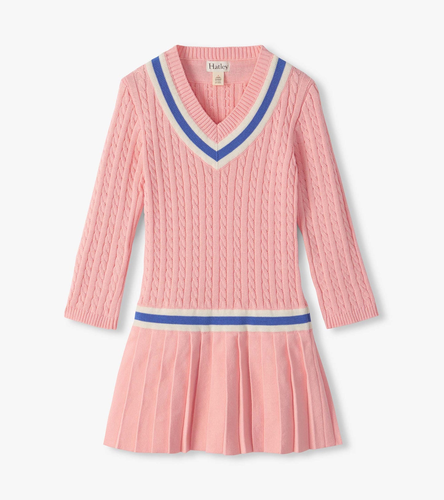 Pink long-sleeve cable knit dress with V-neck striped trim and pleated skirt