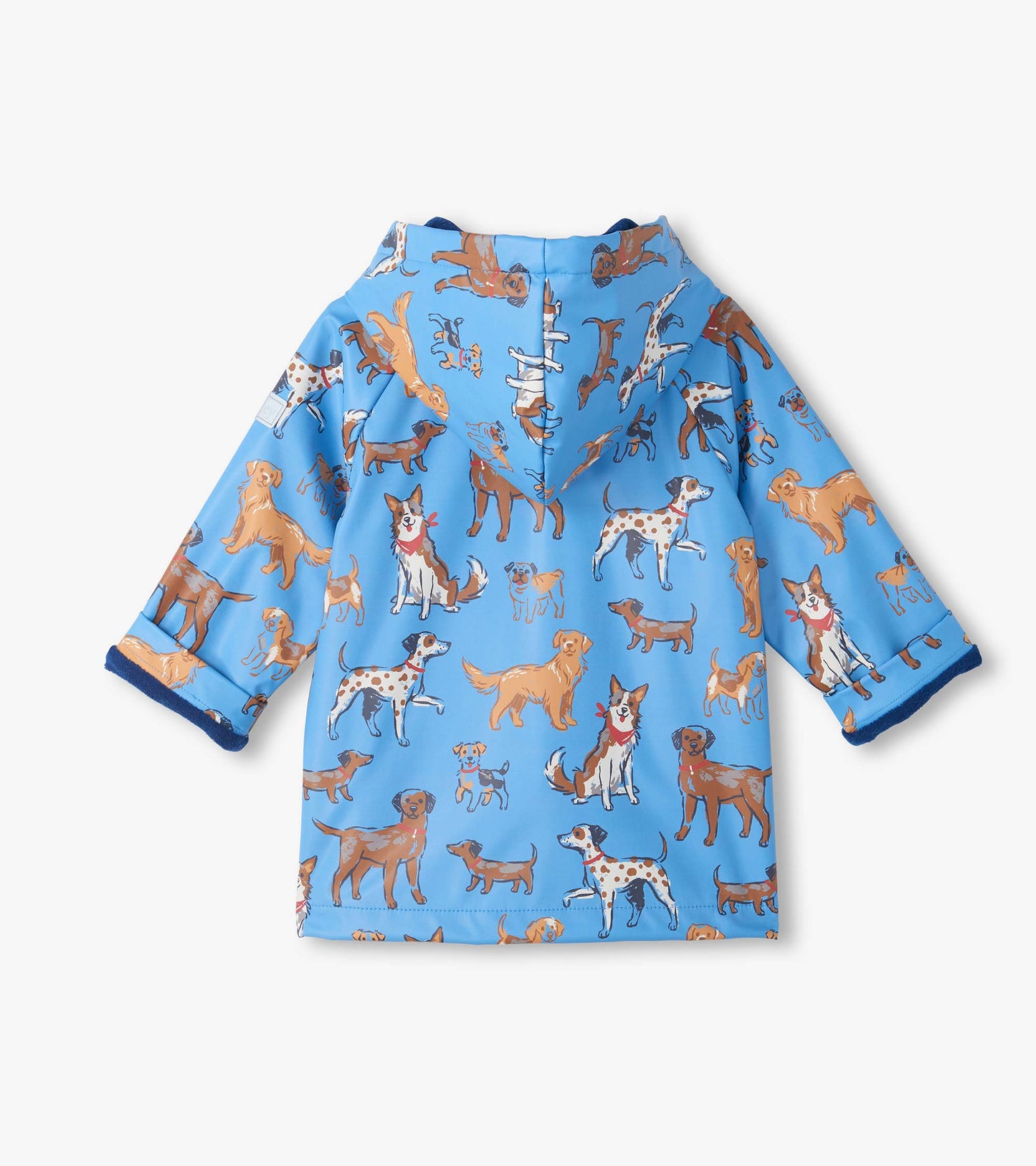 Back view of kids blue hooded rain coat with allover dog print and blue cuff lining