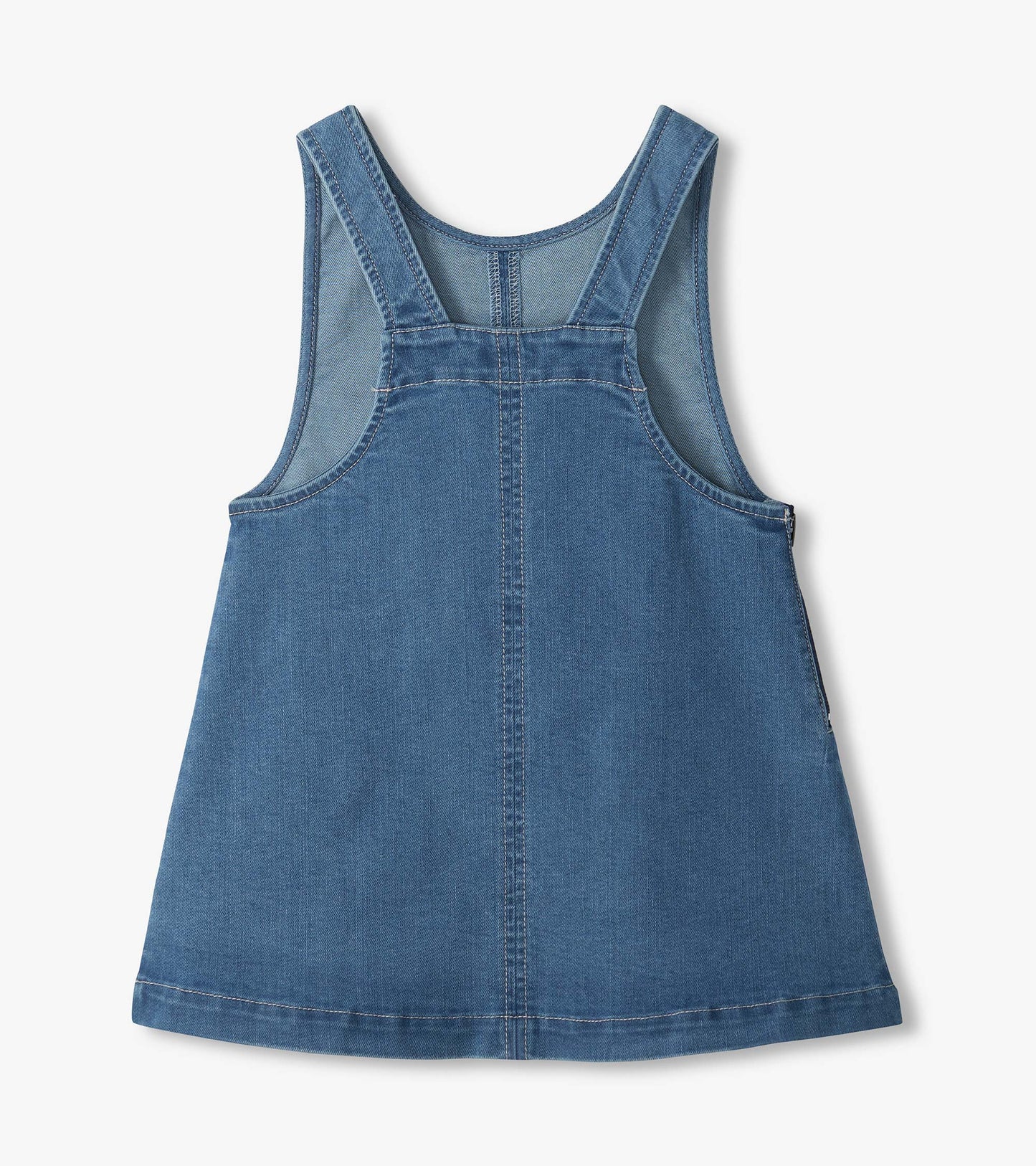 Back view of blue pinafore dress with racerback straps, center seam and side zipper detail