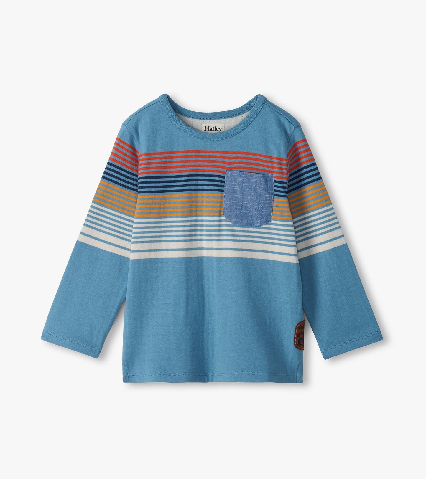 Boys blue long sleeve top with orange, navy and white chest stripes and a blue chest pocket