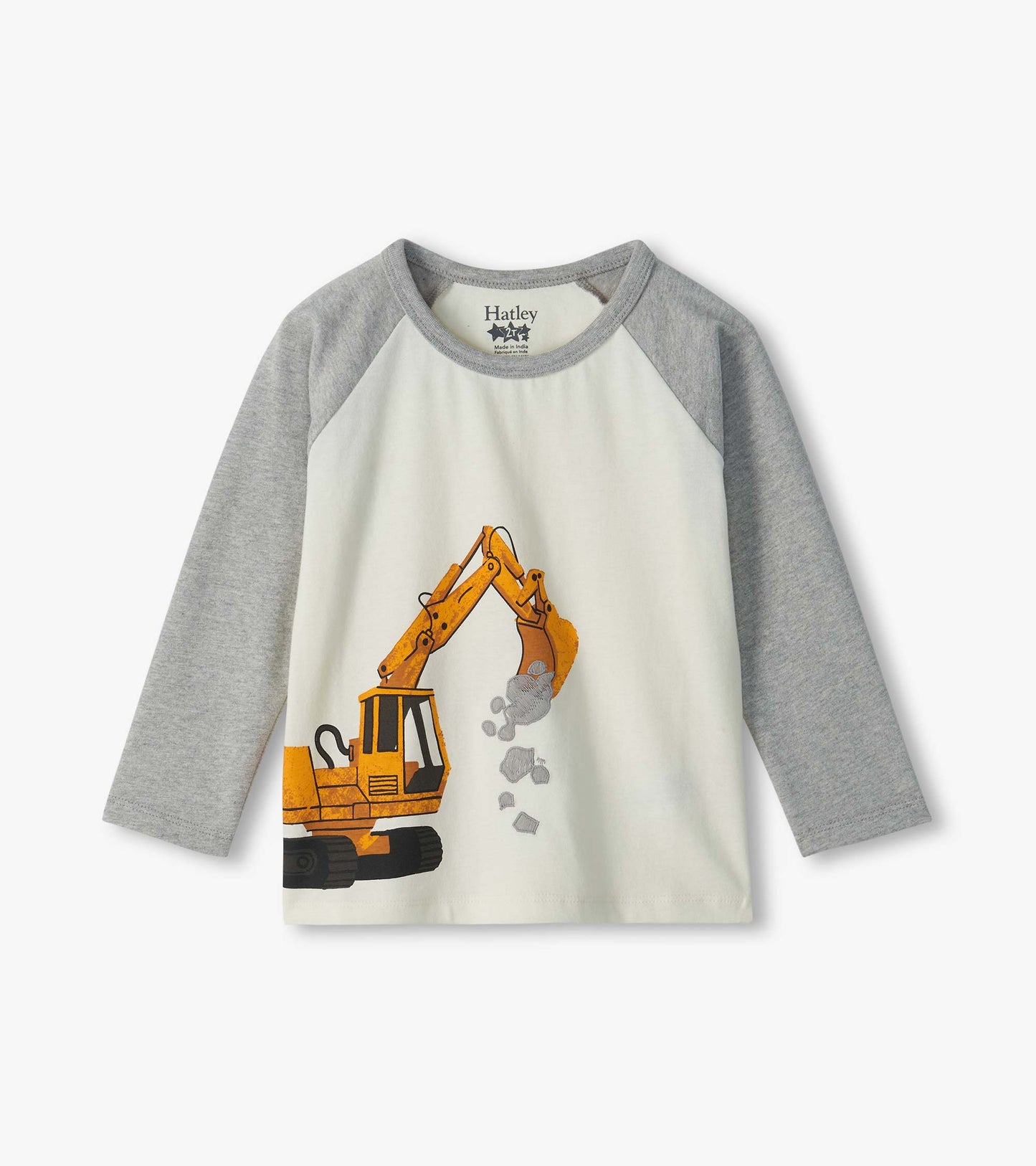 Kids raglan sleeve tee with gray sleeves and a yellow excavator graphic on the front