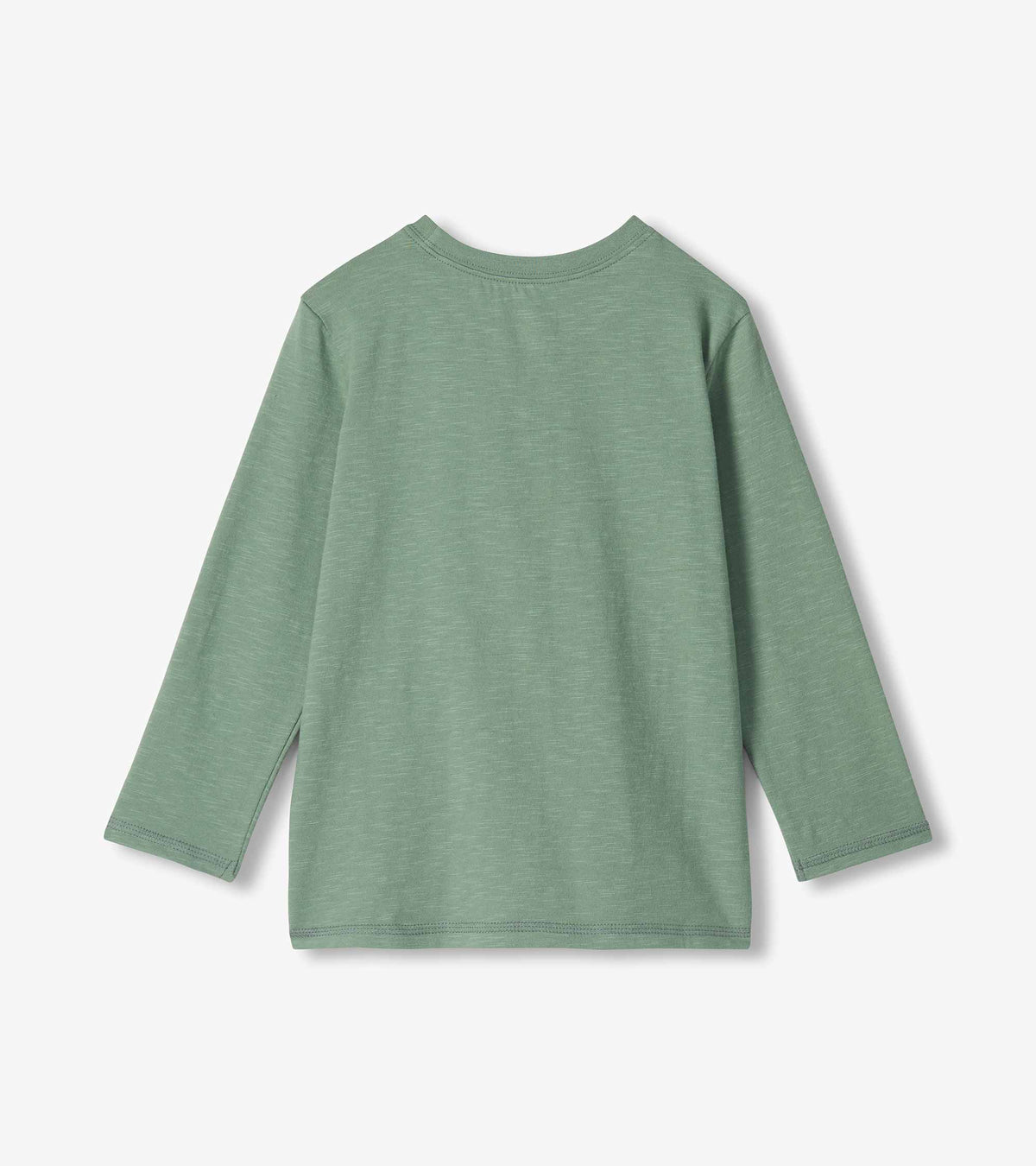 Back view of green boys long-sleeve T-shirt with plain design