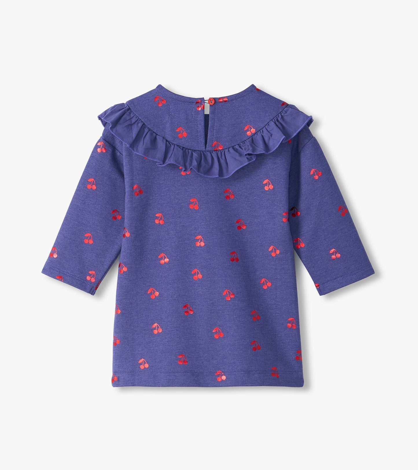 Back view of purple long sleeve dress with red cherry print, ruffle yoke, and button closure