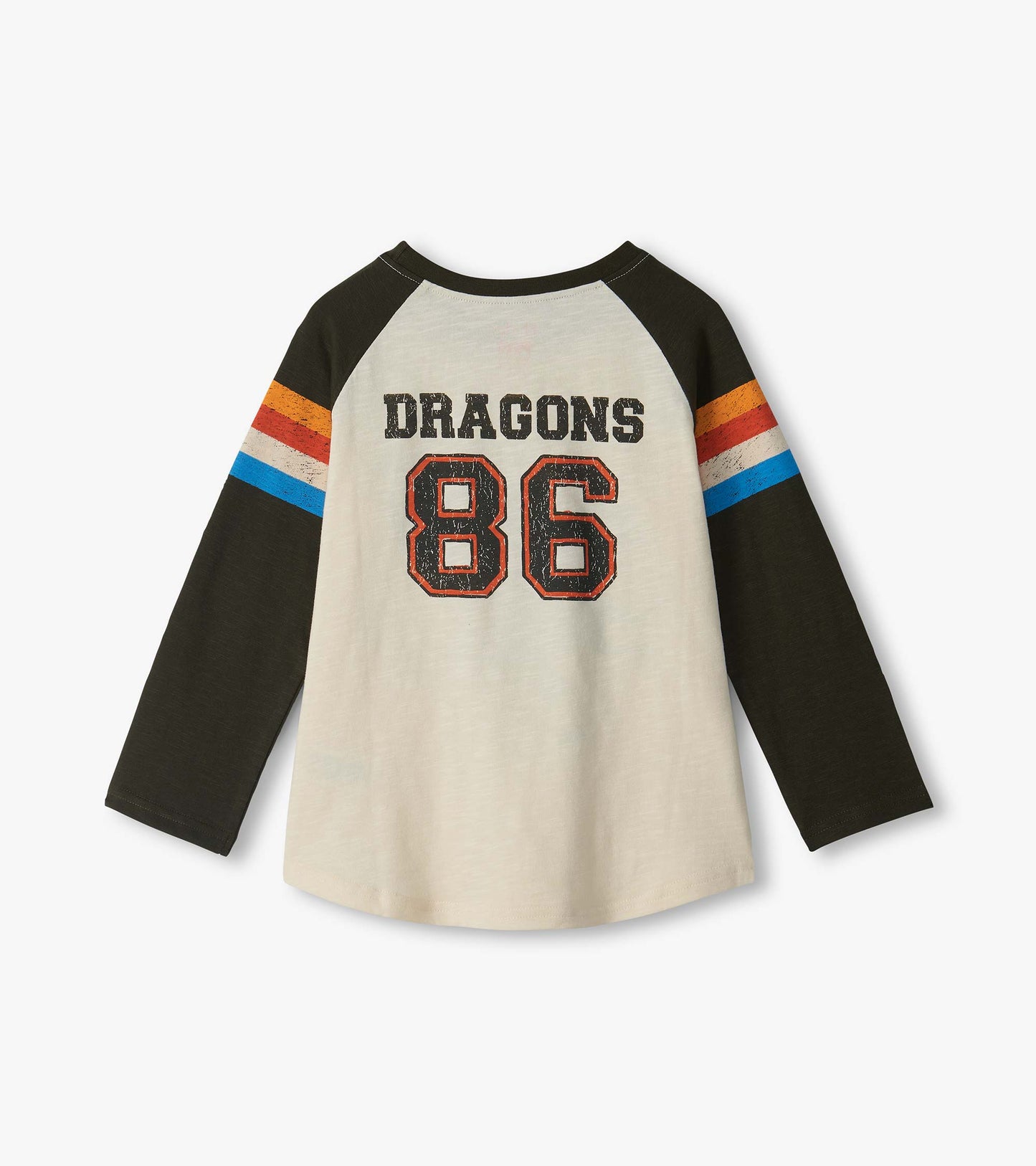 Back of boys raglan T-shirt with black sleeves, multicolor sleeve stripes, and Dragons 86 graphic