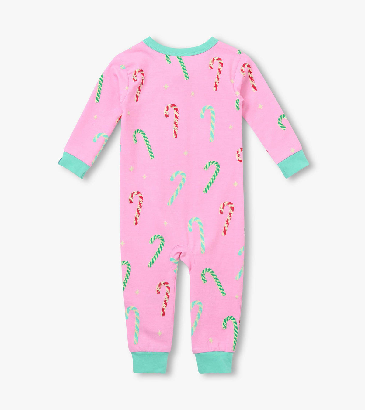 Back view of baby girls pink sleeper with multicolor candy cane print and mint cuffs