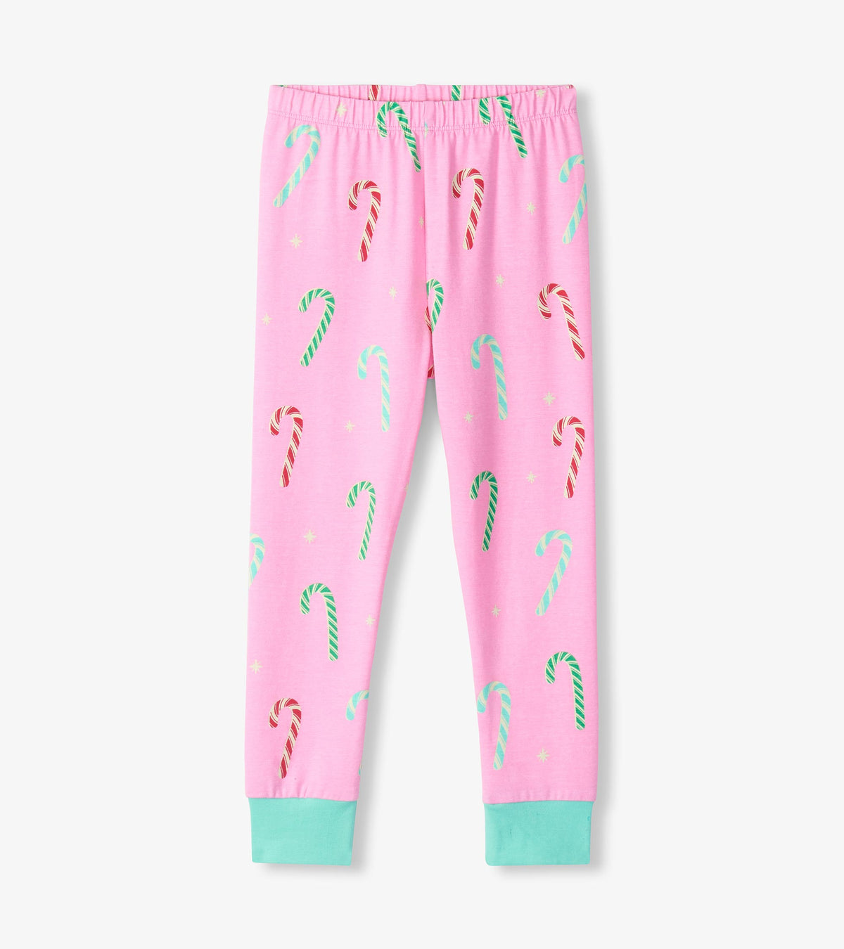 Girls pink fitted pajama pants with red, green, and mint candy cane print and mint ankle cuffs