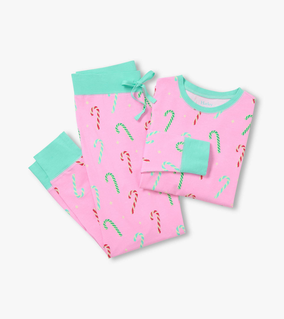 Women's pink pajama set with multicolor candy cane print and mint green cuffs, collar, waistband, and drawstring