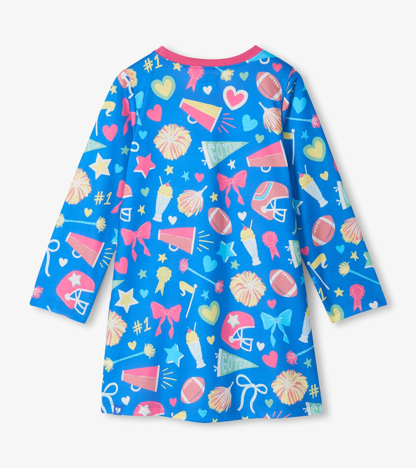 Back view of girls blue long-sleeve nightdress with pink neckline and colorful cheer-themed print
