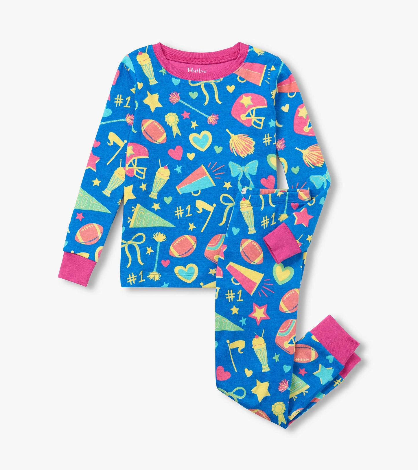 Kids pajama set in bright blue with pink trim and colorful cheer and sports print top and pants