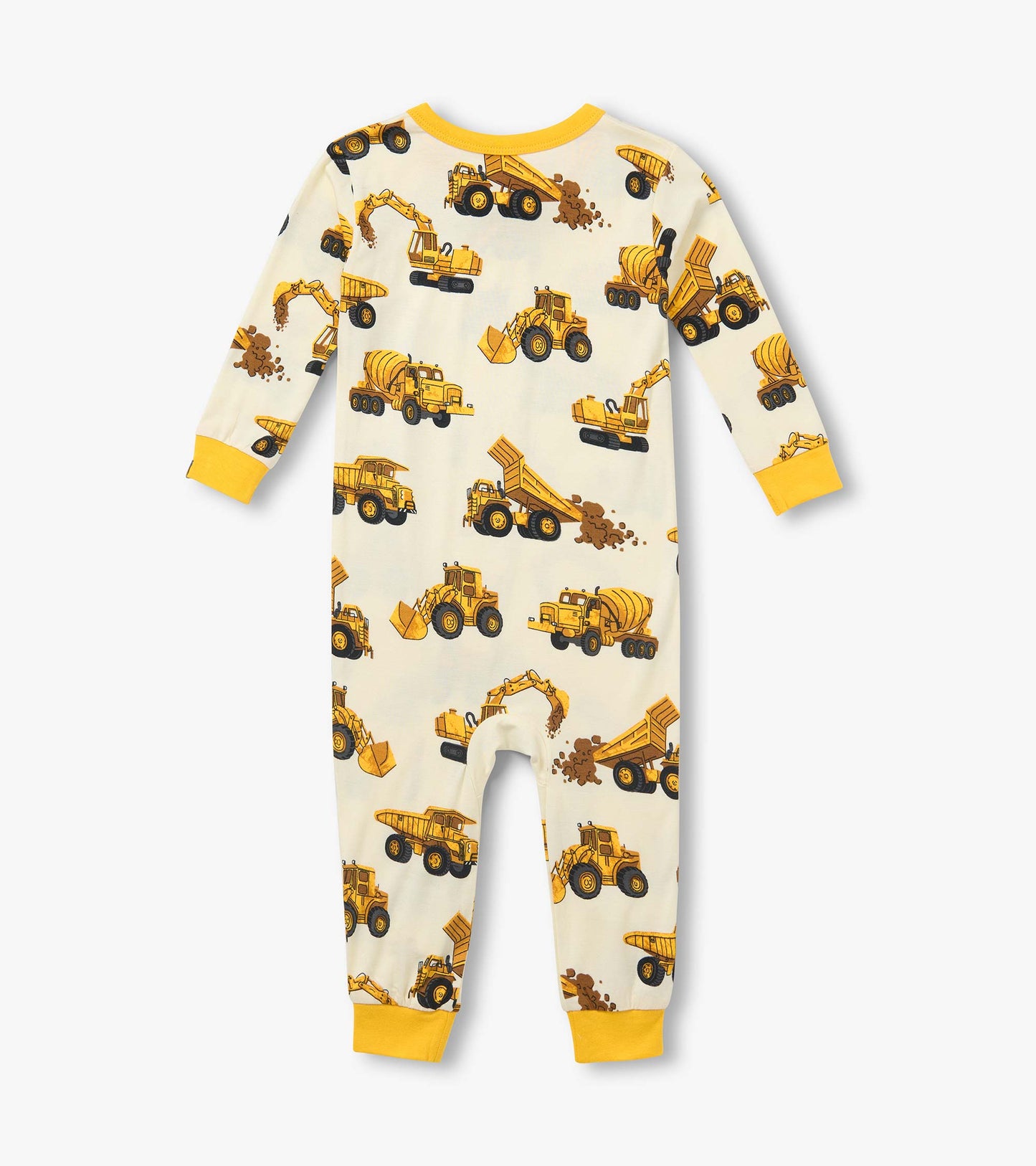 Back view of infant coverall with yellow cuffs and allover construction truck print