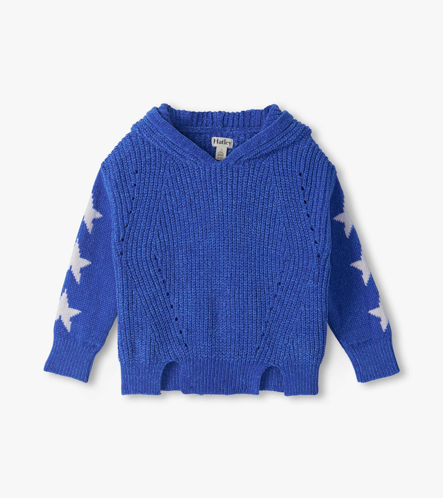 Blue hooded pullover sweater with white stars on the sleeves and ribbed cuffs and hem