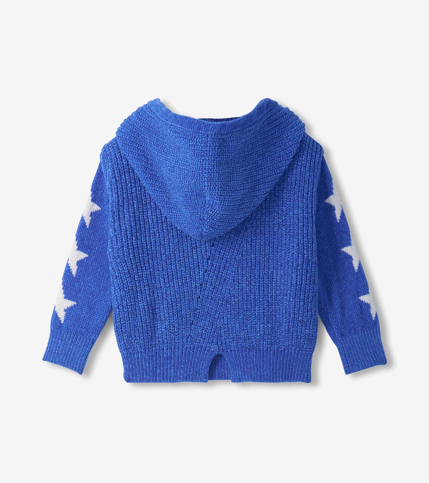 Back view of dazzling blue hooded pullover sweater with white stars on the sleeves and ribbed hem