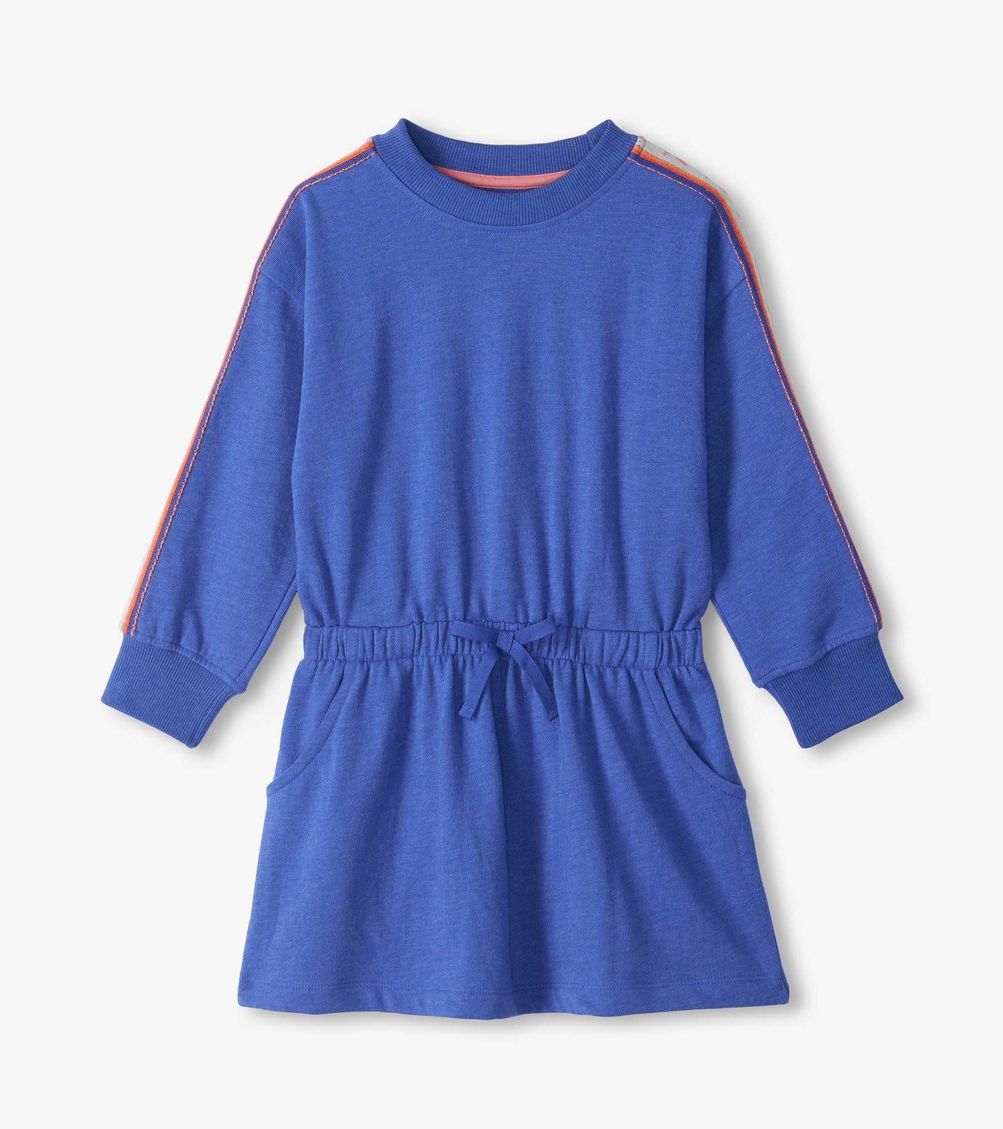 Blue long sleeve cozy dress with orange ribbon trim on sleeves, elastic waist tie, and front pockets