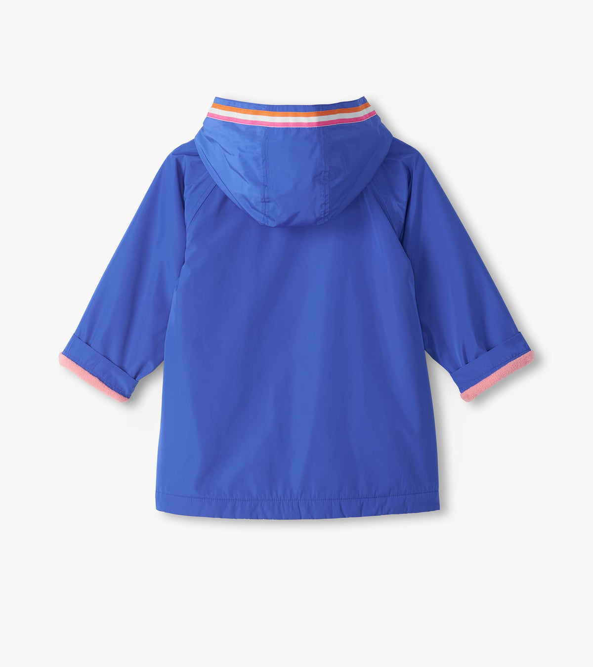 Back view of girls blue hooded rain jacket with striped trim at the hood and pink lining at the cuffs