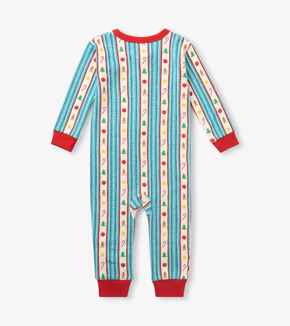 Back view of baby holiday sleeper with red cuffs, striped print with trees, candy canes, stars and gingerbread