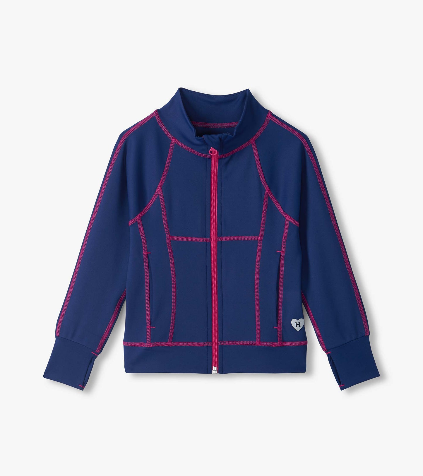 Estate Blue active jacket with front zip, stand collar, pink contrast seams, and long sleeves
