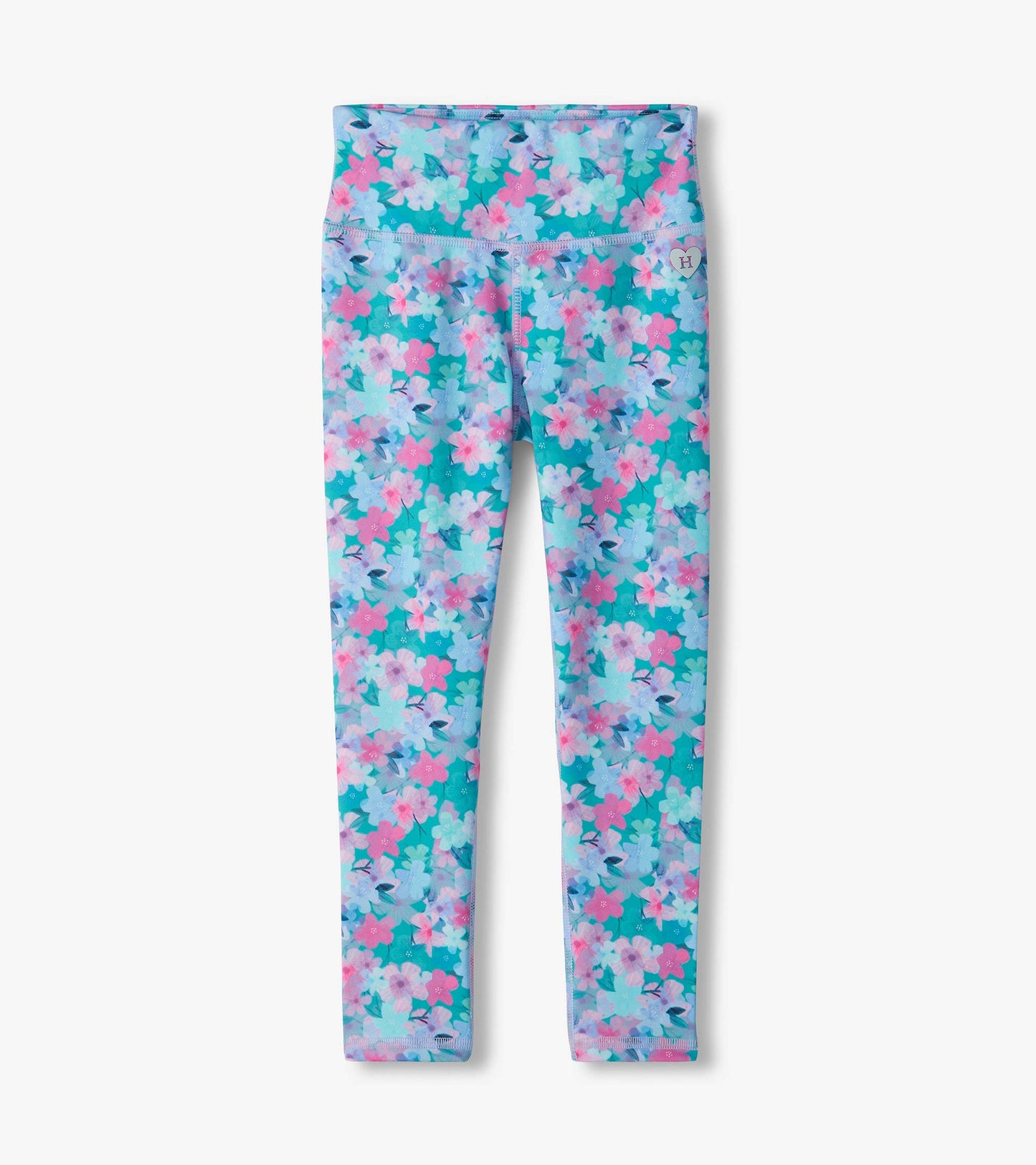 Kids floral leggings with a turquoise background, pink and light blue flowers, and a wide waistband