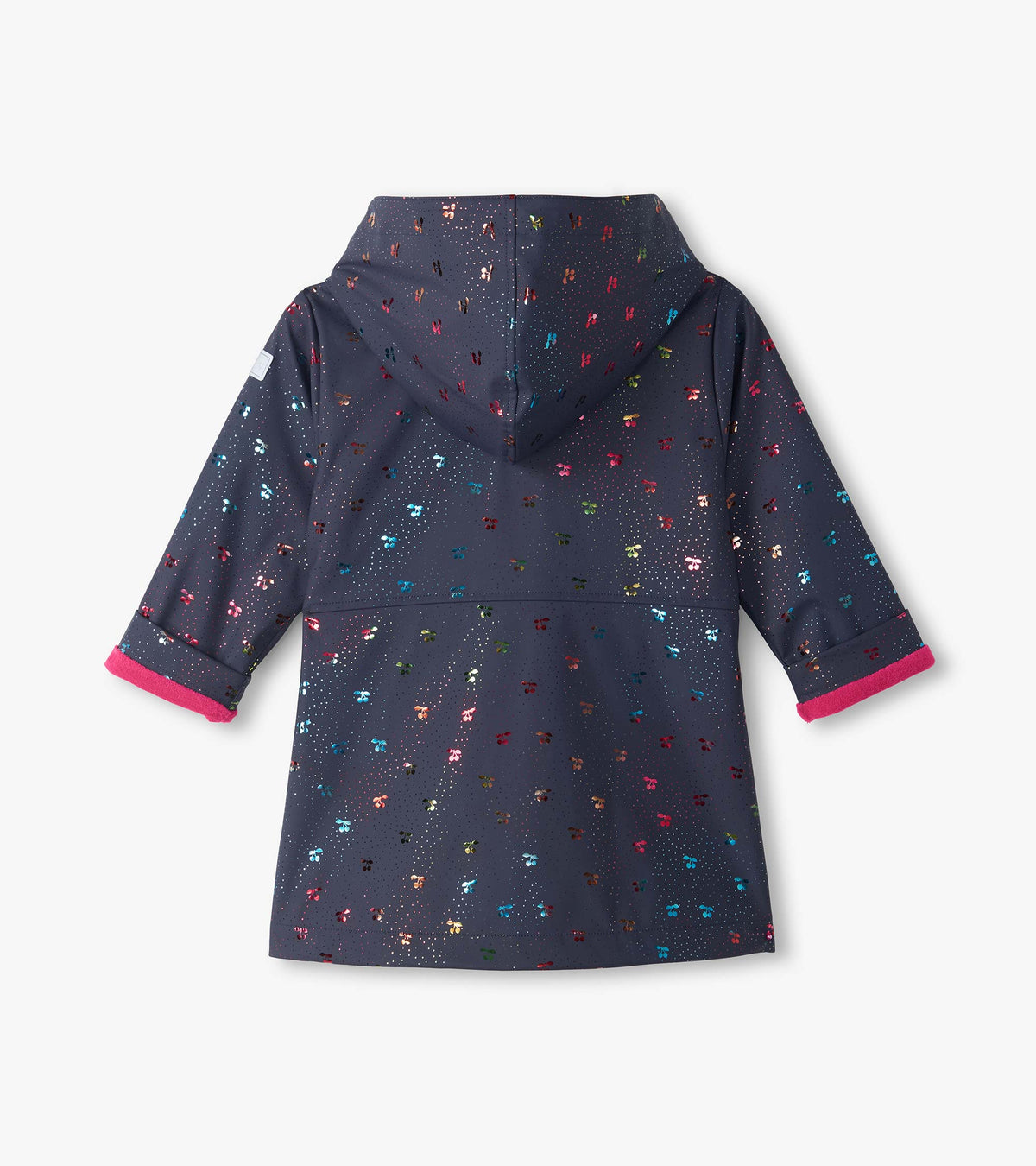 Back view of girls navy hooded rain jacket with rainbow cherry print and pink turned-up cuffs