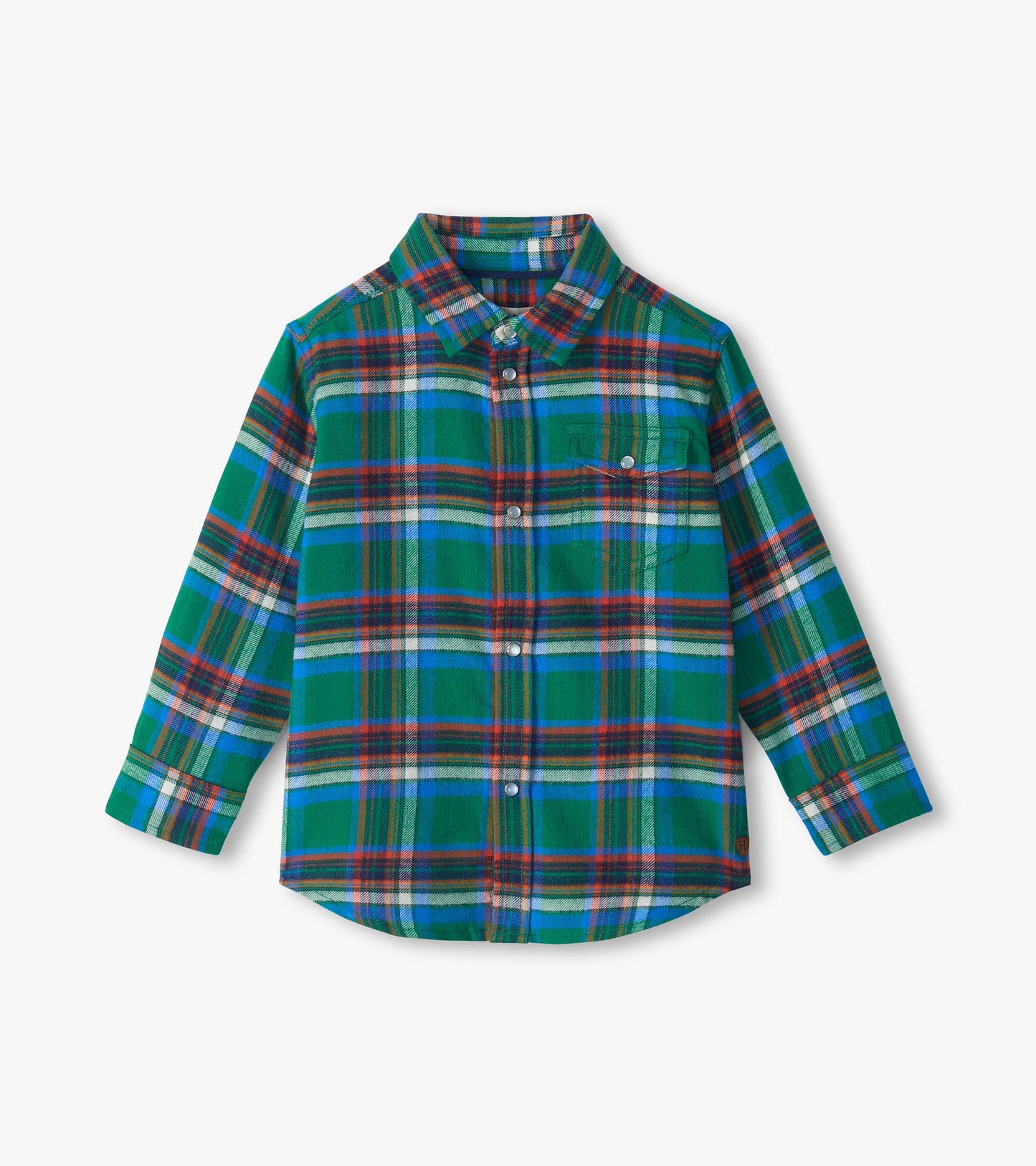 Kids button-down shirt in green, blue, red, and white plaid with long sleeves and a chest pocket