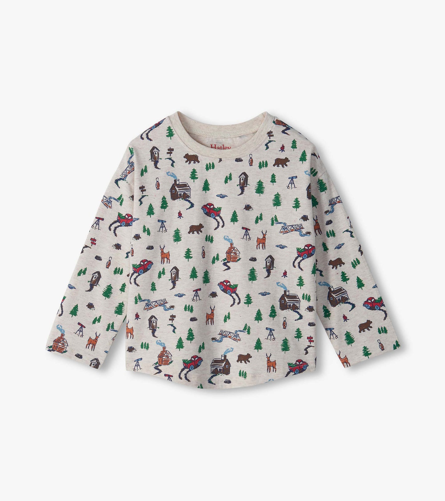 Kids long-sleeve drop shoulder tee in heather beige with forest print of trees, cabins, trucks, bears, and deer