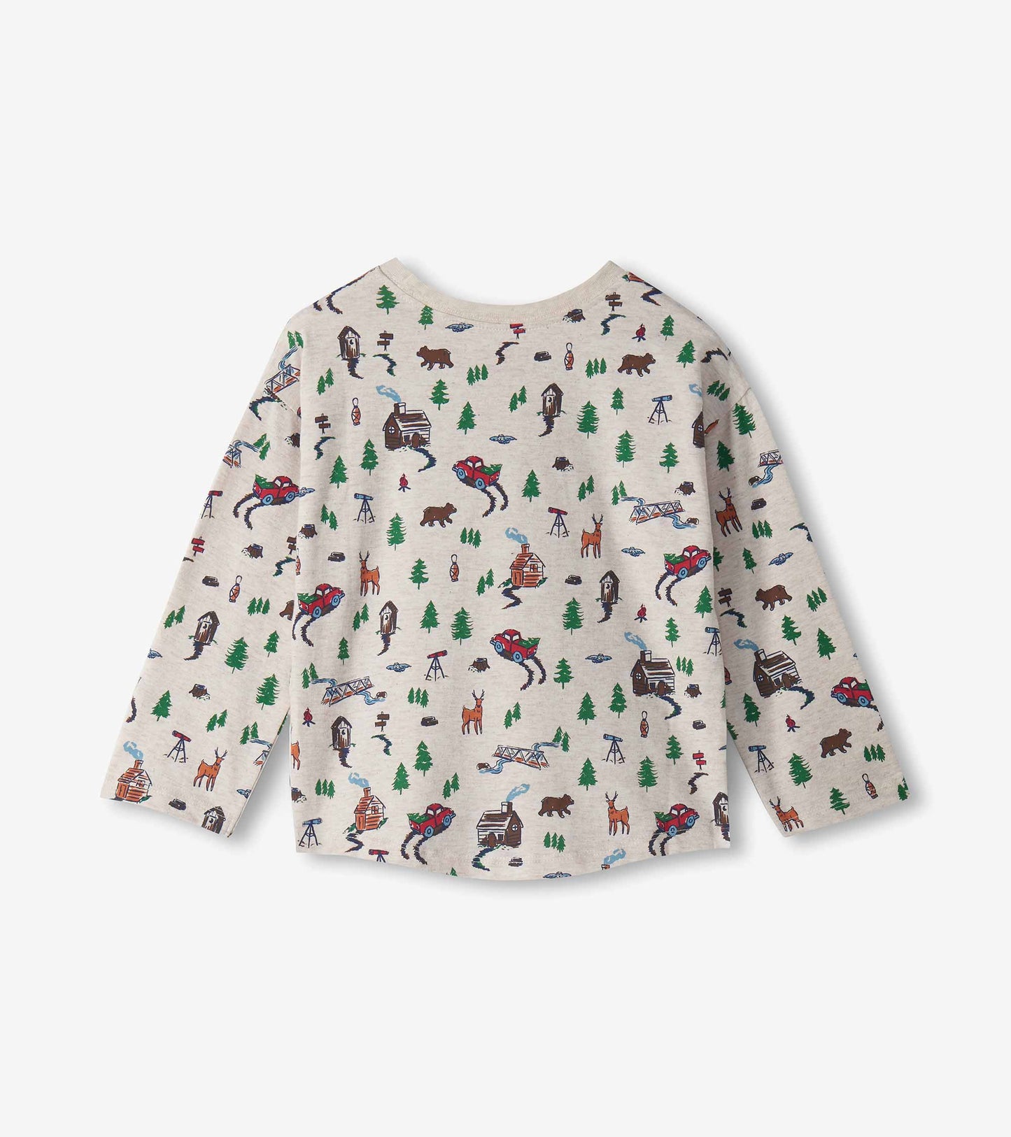 Back view of oatmeal long-sleeve boys T-shirt with forest print of trees, bears, deer, cabins and red trucks