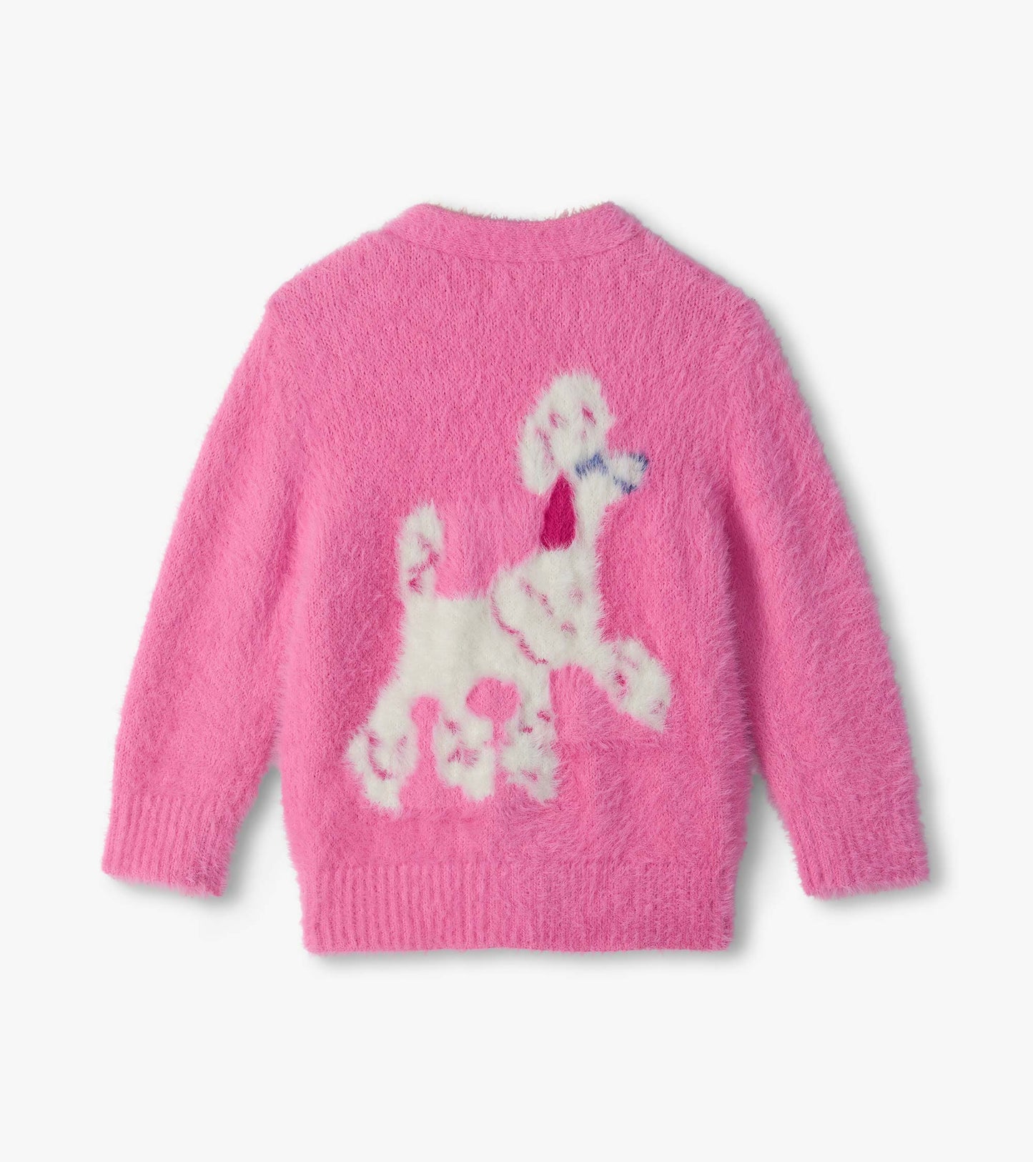 Back view of bright pink fuzzy cardigan with large white poodle graphic