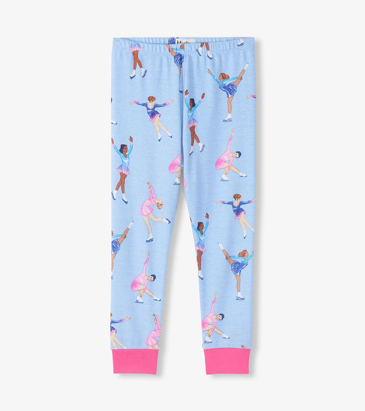 Girls pajama pants in light blue with figure skater print and bright pink ankle cuffs