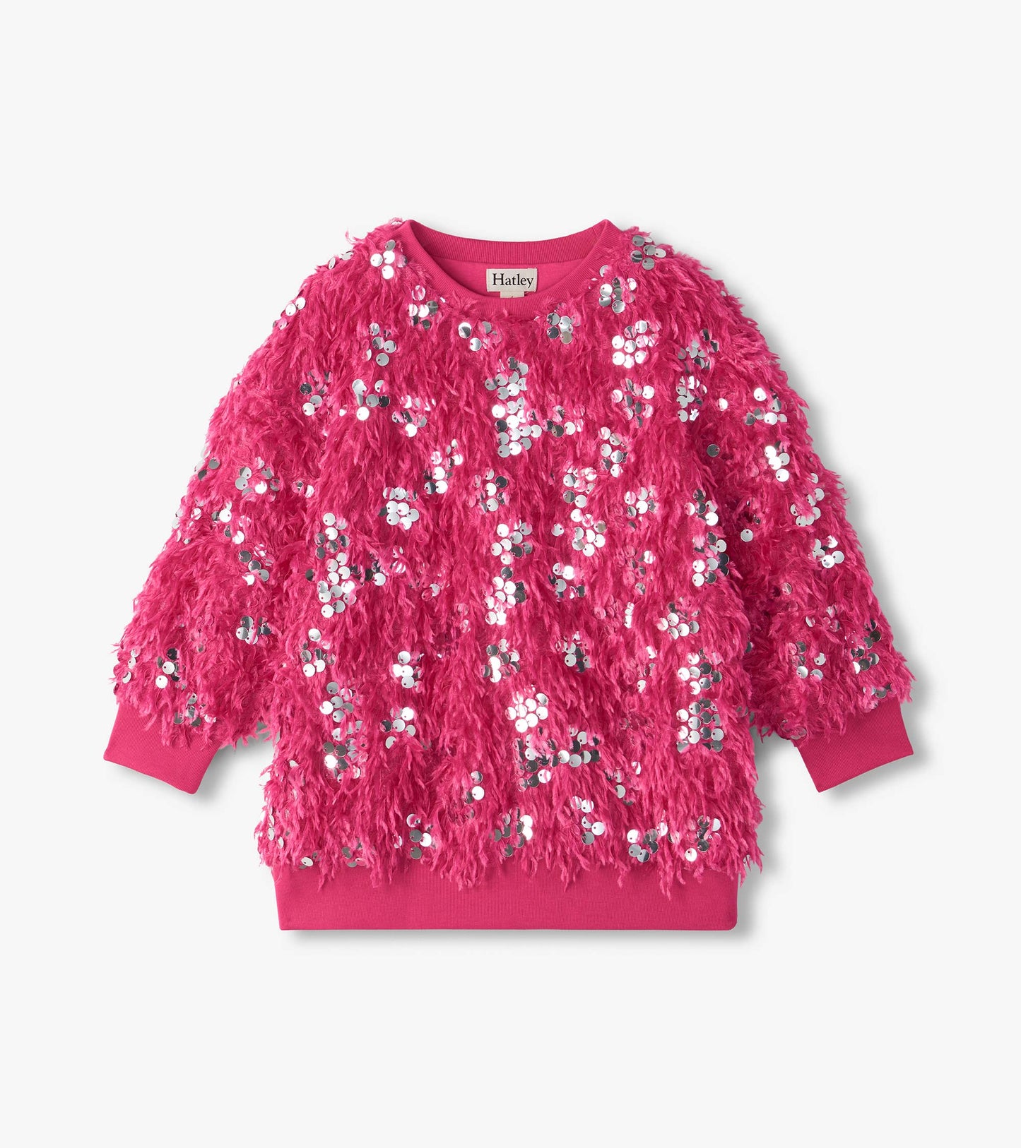 Front view of fuchsia pullover with shaggy feather-like texture, silver sequins, and ribbed cuffs and hem