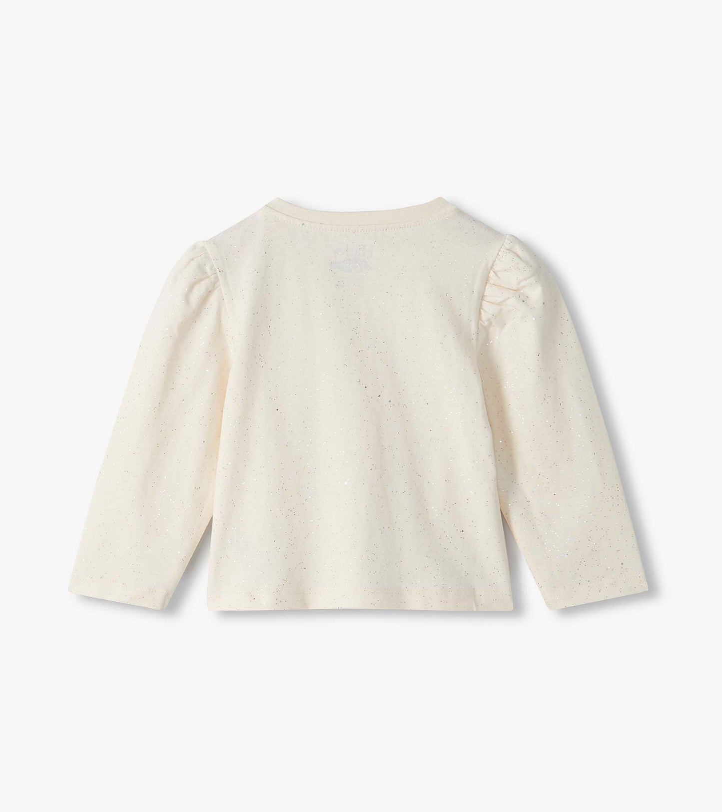 Back view of cream infant tee with subtle glitter speckles and puff shoulders