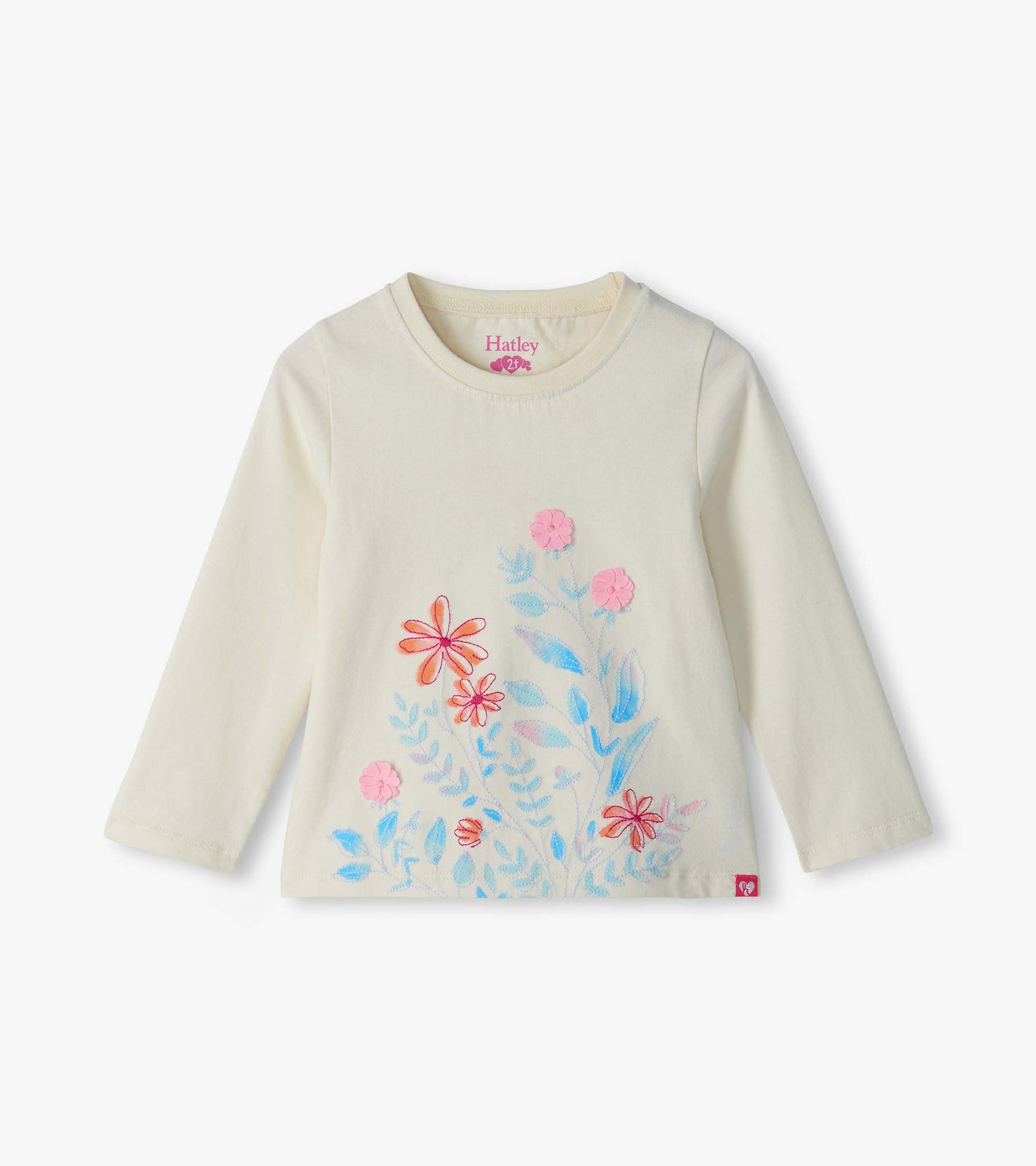 Cream long sleeve infant tee with colorful floral embroidery on the front
