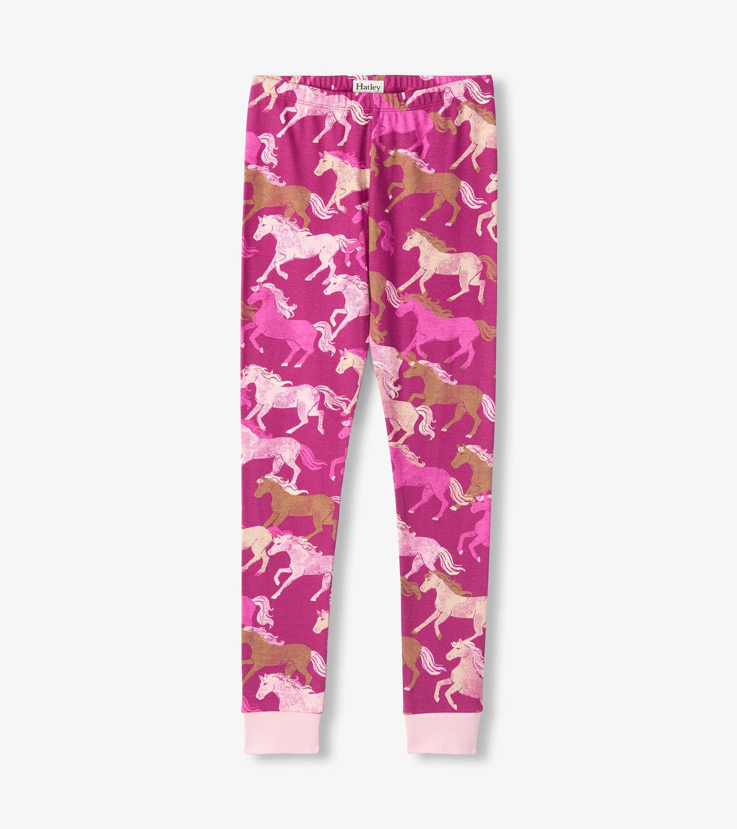 Girls pajama pants in berry pink with allover galloping horse print and light pink ankle cuffs