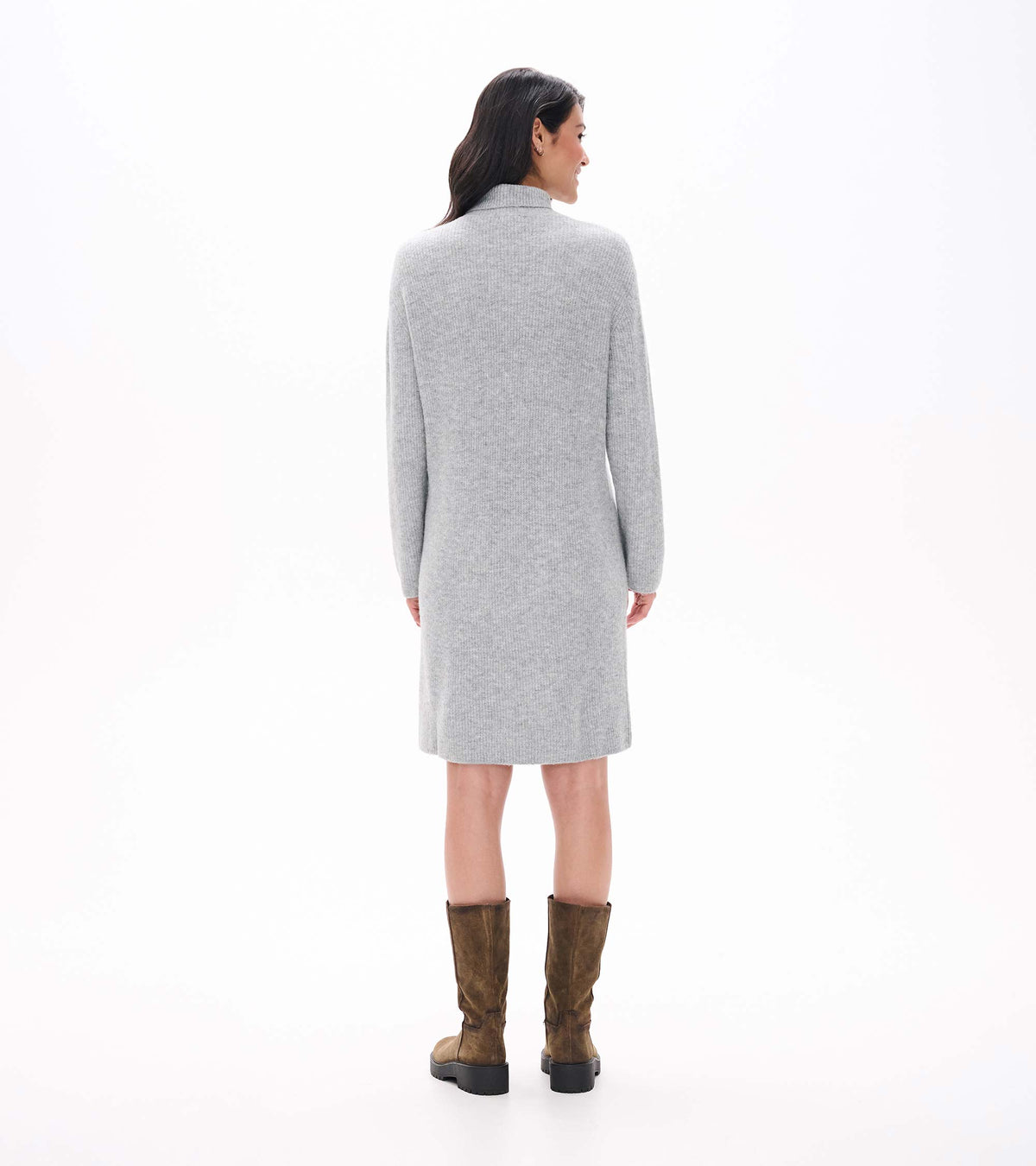 Back view of grey melange sweater dress with long sleeves, high neck, and knee-length straight silhouette