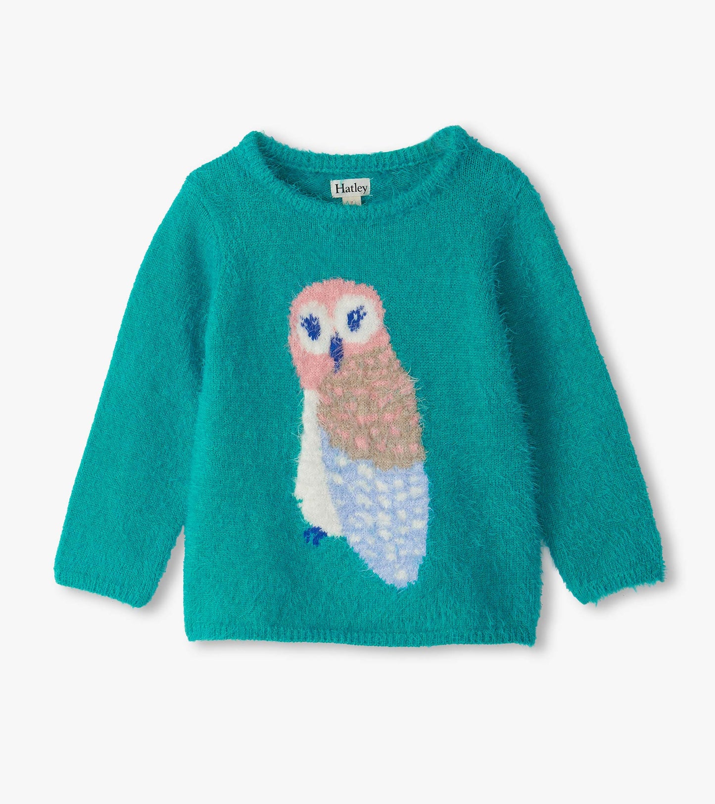 Teal fuzzy girls sweater with long sleeves and a large pink, tan, white, and blue owl on the front