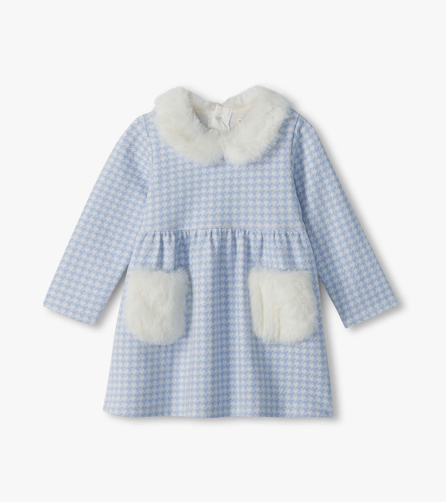 Infant blue and white houndstooth dress with long sleeves, white faux fur collar, and two front pockets