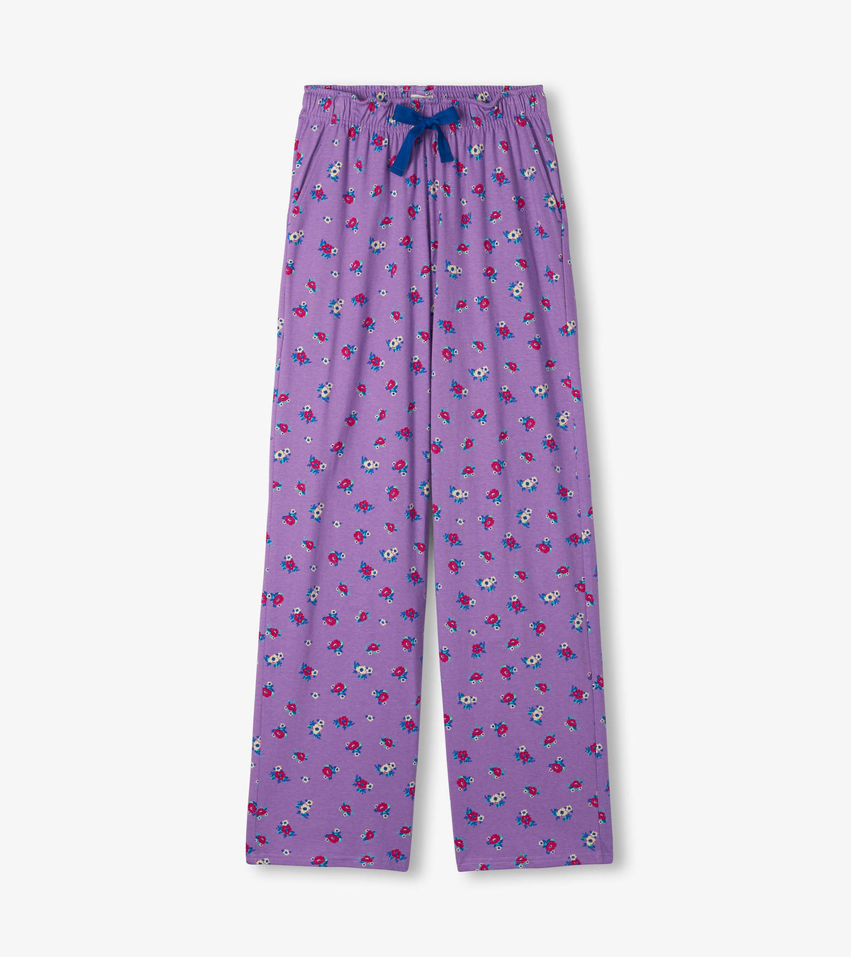 Lilac pajama pants with small floral print, elastic waist, and blue drawstring