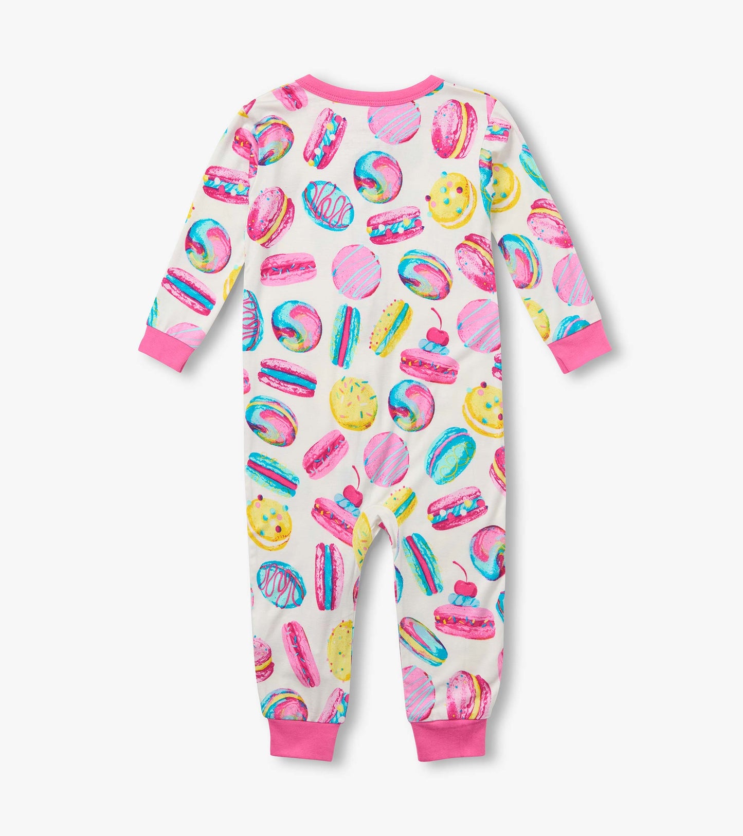 Back view of baby girls footless sleeper with colorful pink, yellow, and blue macaron print