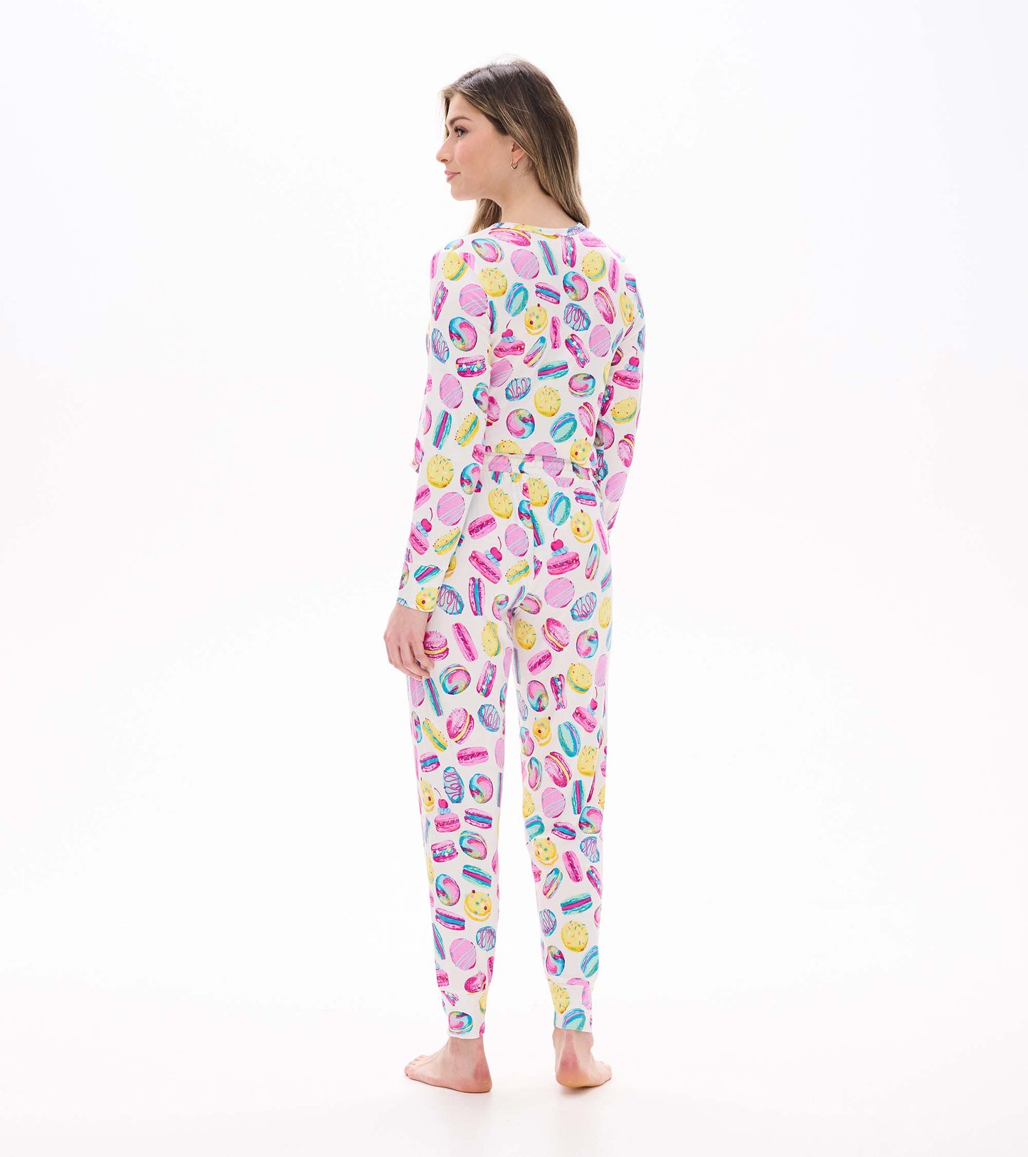 Women's Macaron PJ set with colorful macaron print, long sleeve top and matching pants, back view