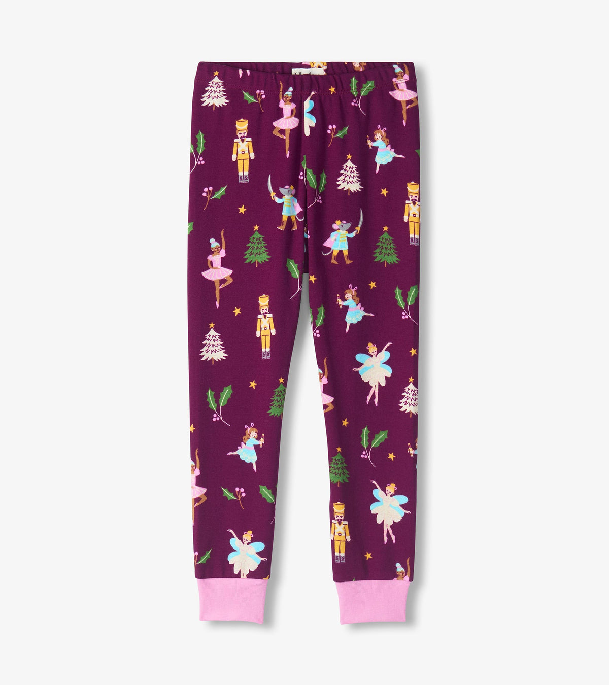 Girls pajama pants in purple with pink cuffs and nutcracker, ballerina, tree, star, and holly print
