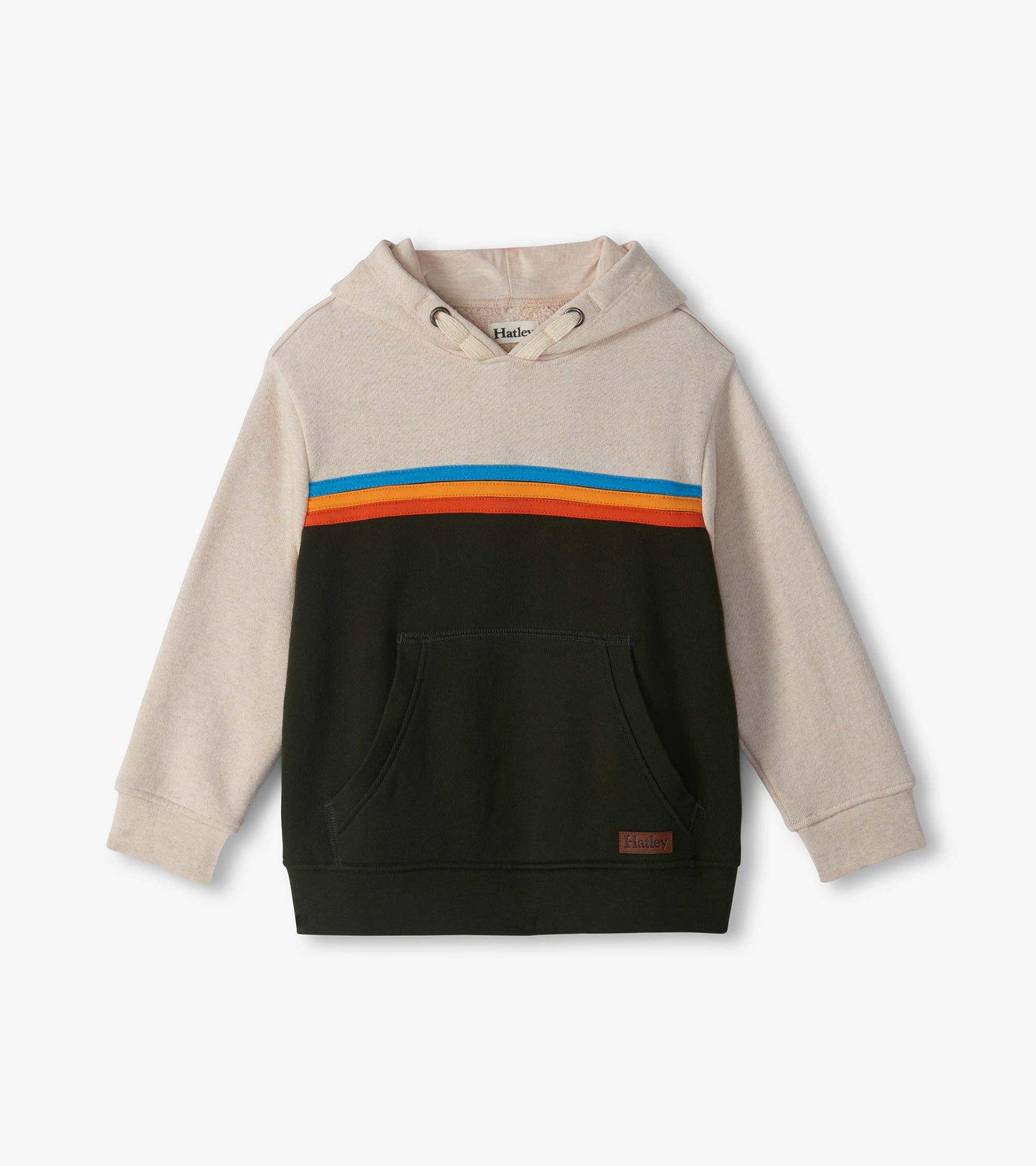 Kids pullover hoodie in oatmeal and black with blue, yellow, and orange chest stripes and front pocket