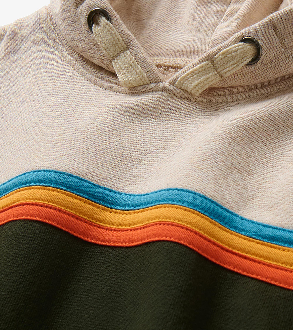 Close-up of hoodie neckline with drawcord and teal, gold and rust wave stripe detail