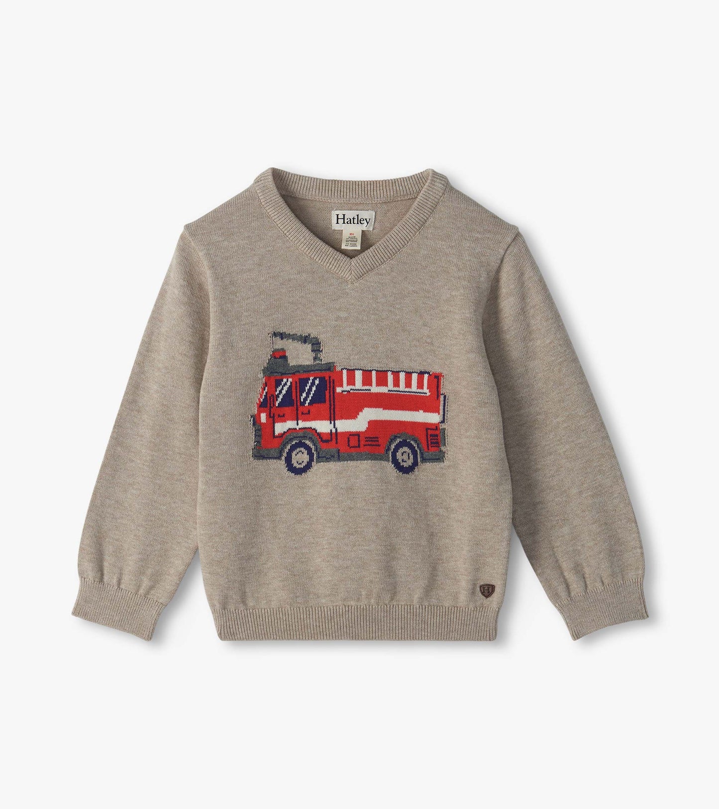 Kids beige V-neck sweater with a red firetruck graphic on the front