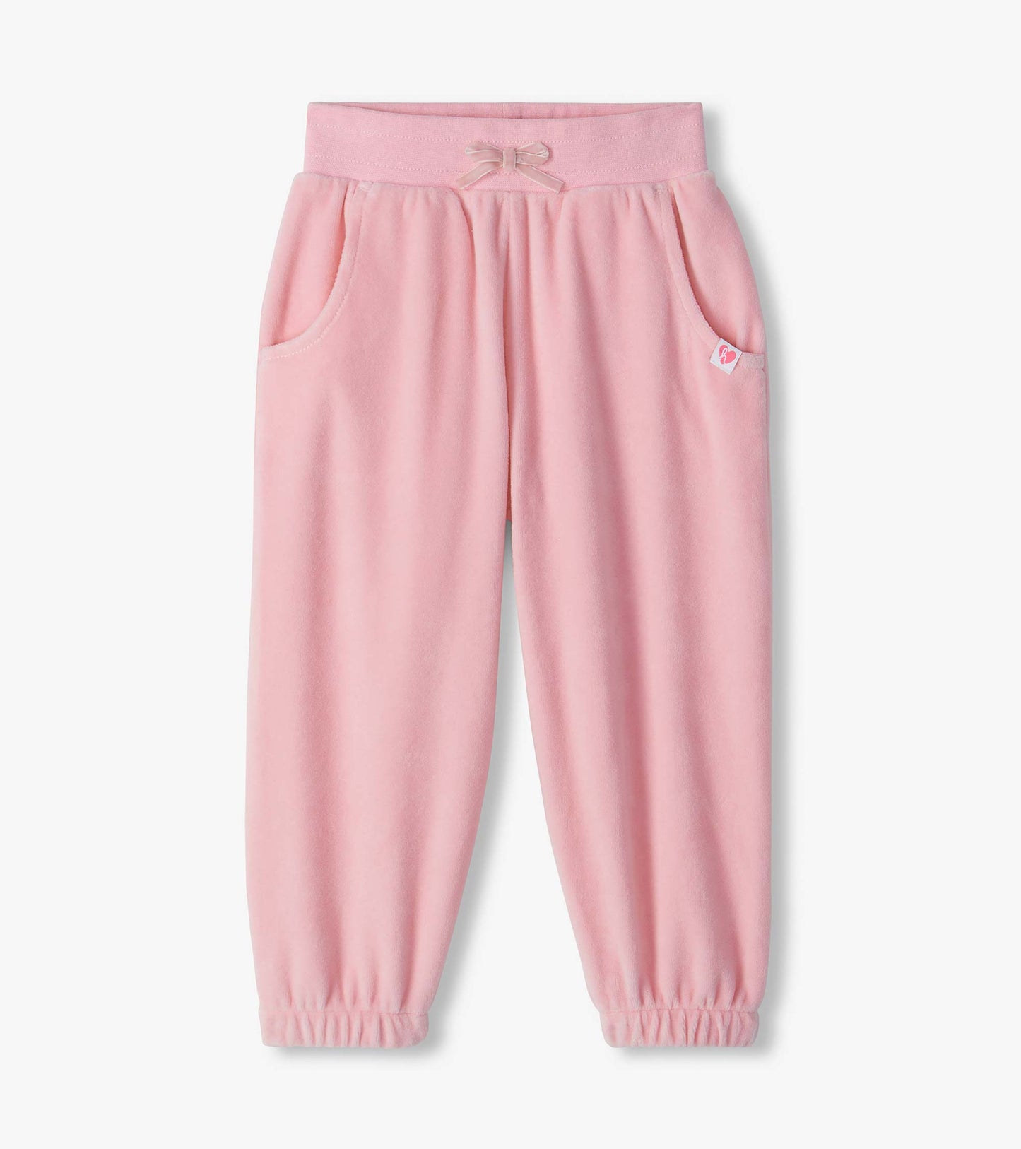 Orchid pink infant cozy pants with elastic waistband, small bow, side pockets, and cuffed ankles