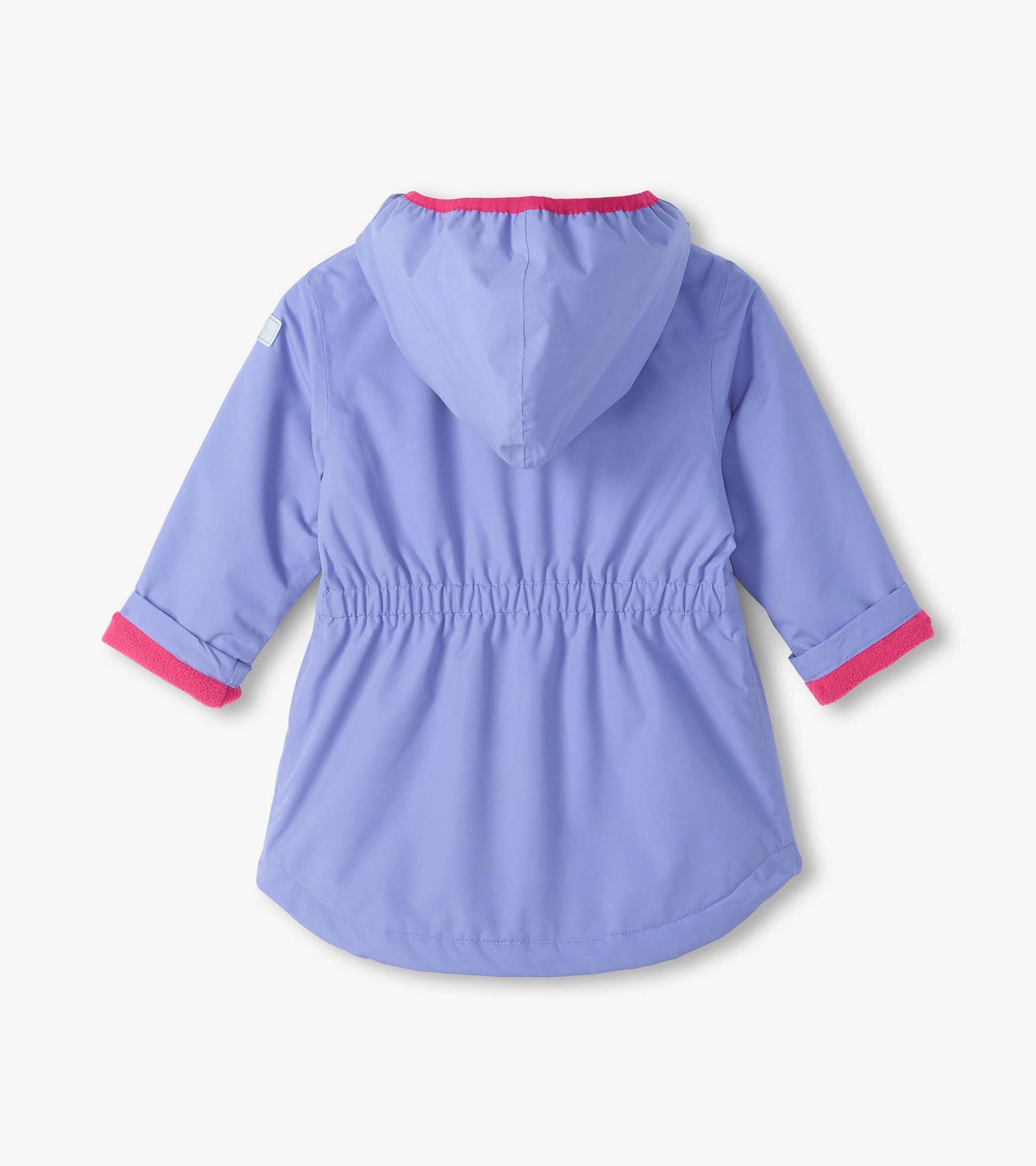 Back view of lavender hooded field jacket with elastic waist and pink lining at collar and cuffs