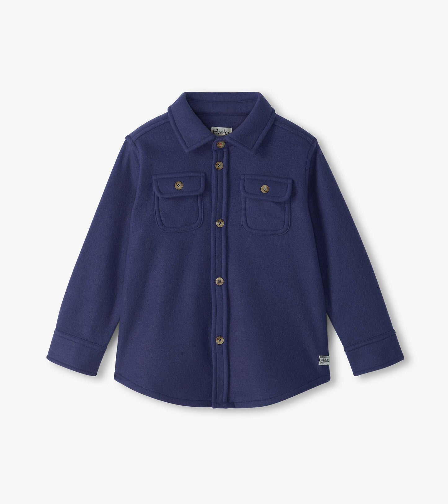 Patriot blue button-down shirt jacket with collar, front buttons, and two flap chest pockets