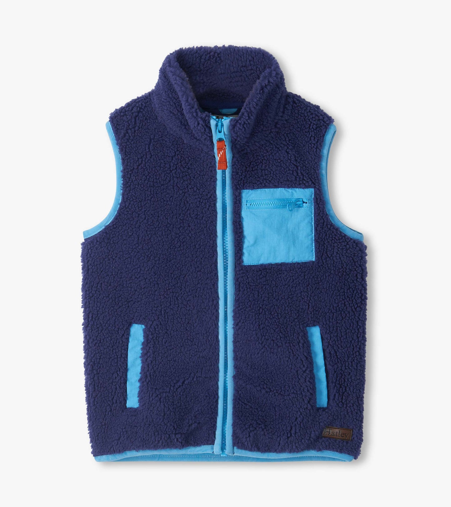 Patriot blue sherpa vest with light blue trim, front zip, zip chest pocket, and two front pockets