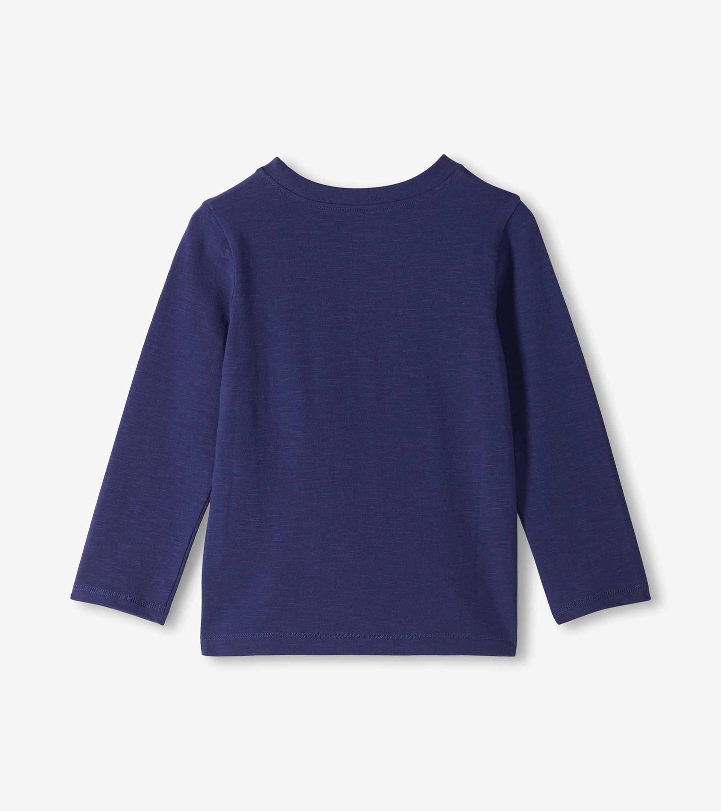 Back view of a navy long-sleeve crew neck toddler T-shirt with a plain solid back