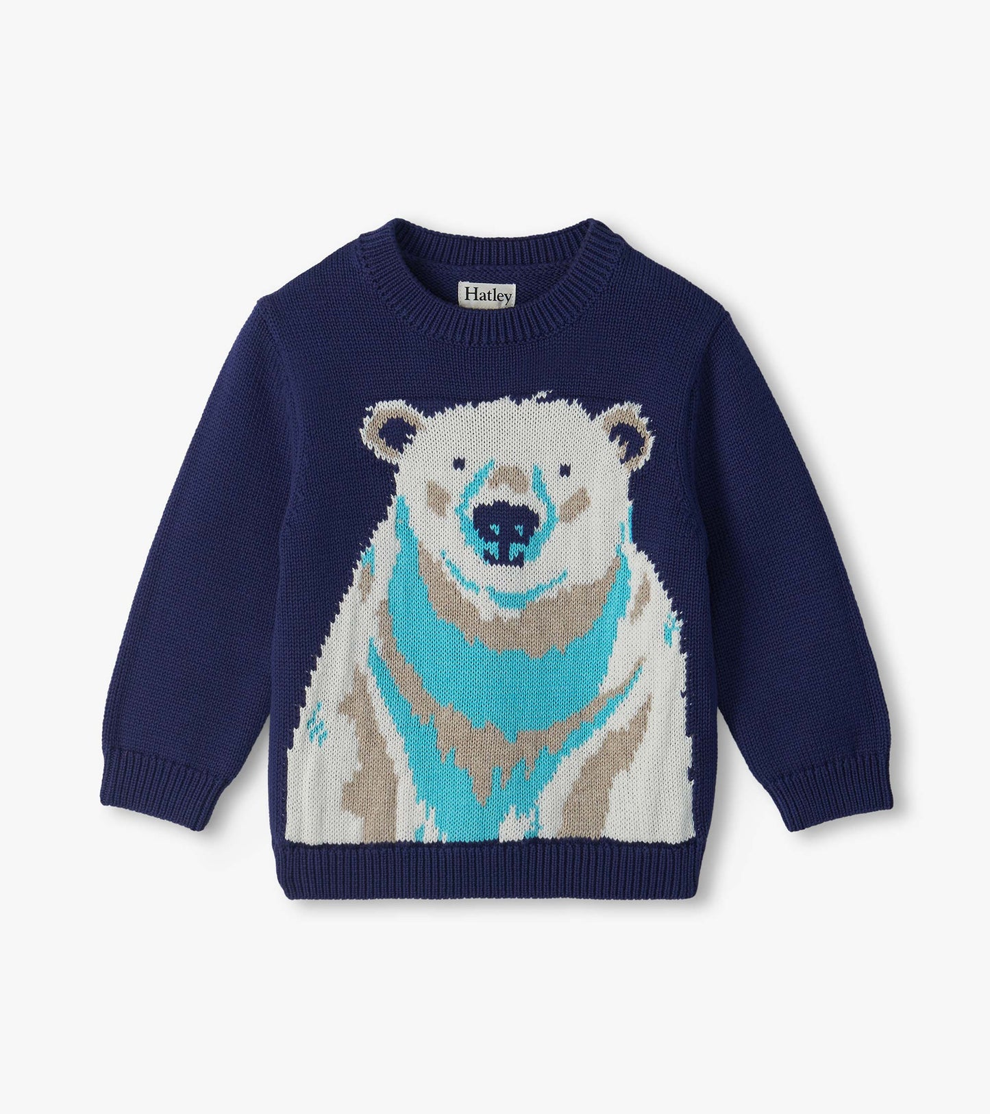 Navy crew neck sweater with large polar bear graphic on the front and ribbed cuffs and hem