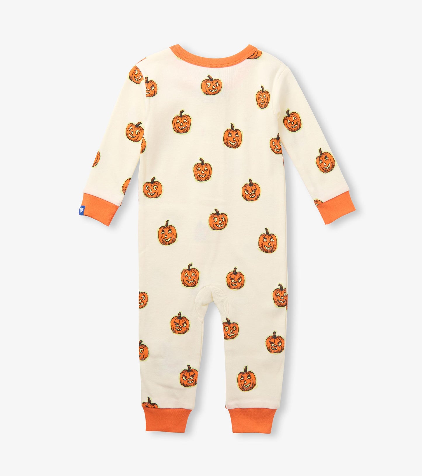 Back view of baby sleeper in cream with orange pumpkin print and orange cuffs