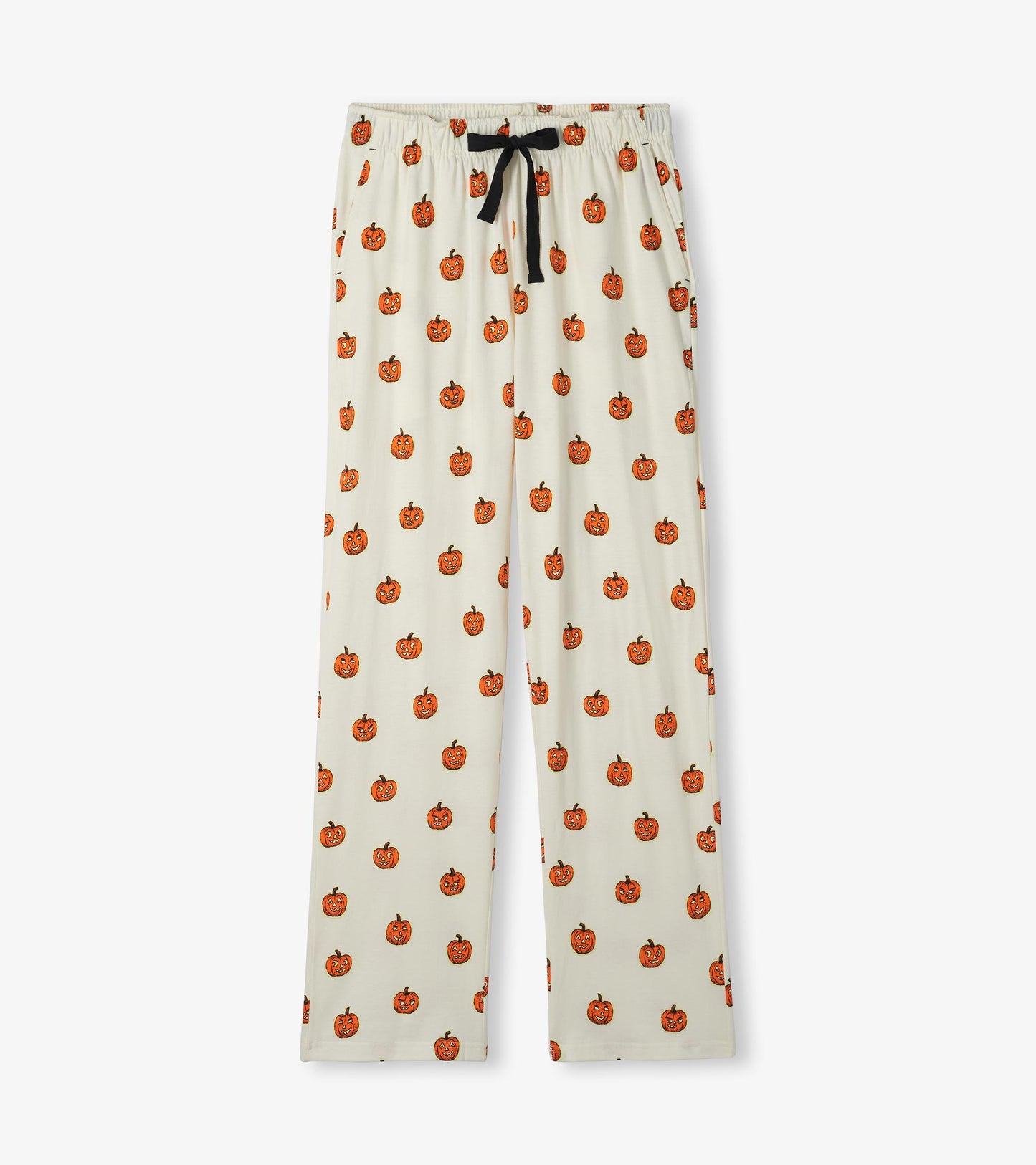 Men's pajama pants in cream with orange jack-o'-lantern print and black drawstring waistband