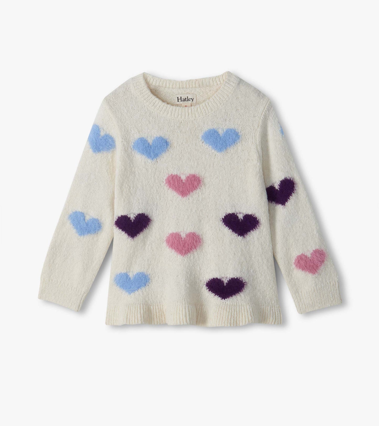 Cream long-sleeve infant sweater with blue, pink, and purple heart pattern and ribbed crew neck